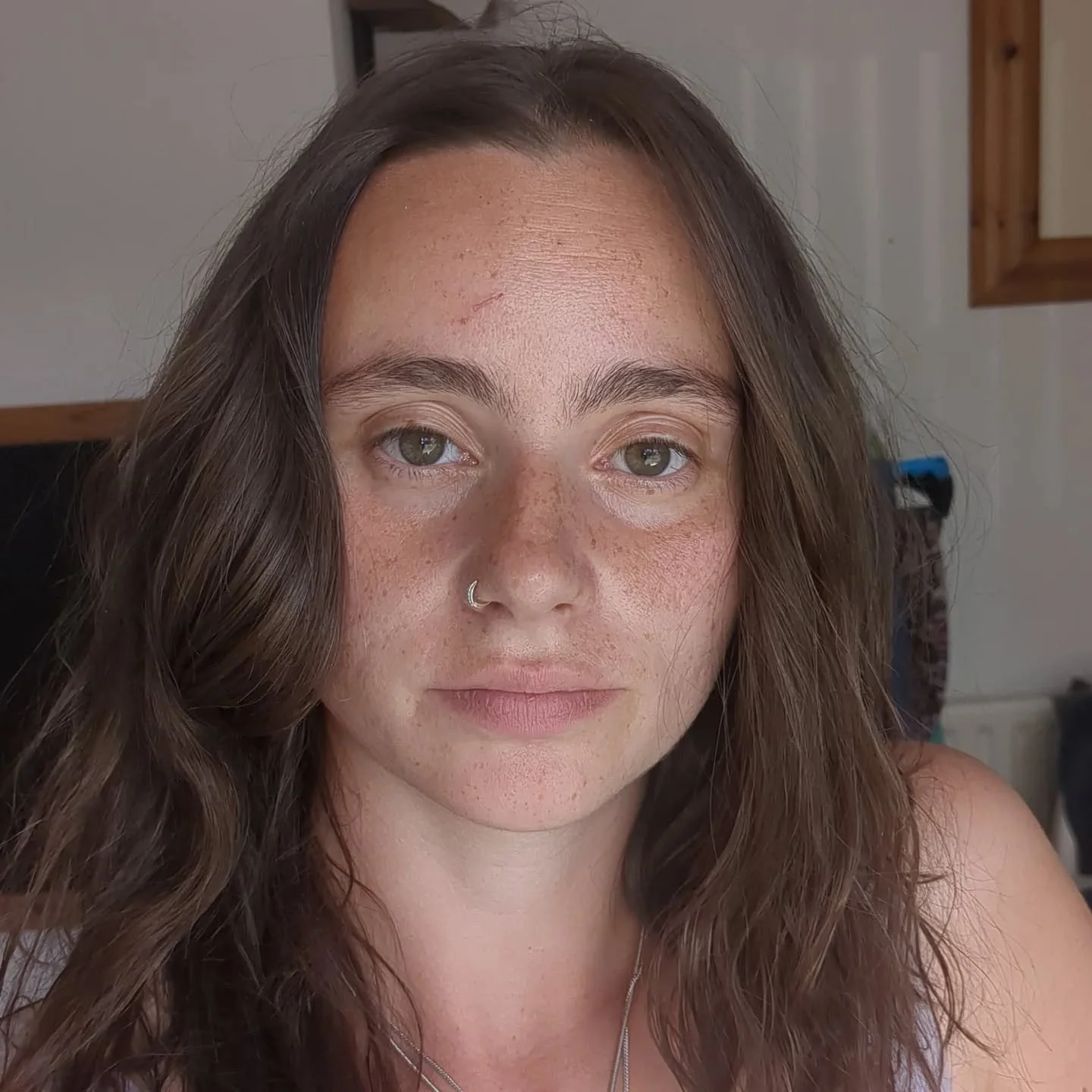 Close-up photo of a woman with long wavy brown hair, light skin with freckles, and green eyes, wearing a nose ring and a necklace, in a room with a wooden cabinet in the background.