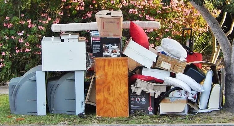 Piles of assorted discarded household items, including boxes, furniture, and appliances, stacked against a tree on grass.