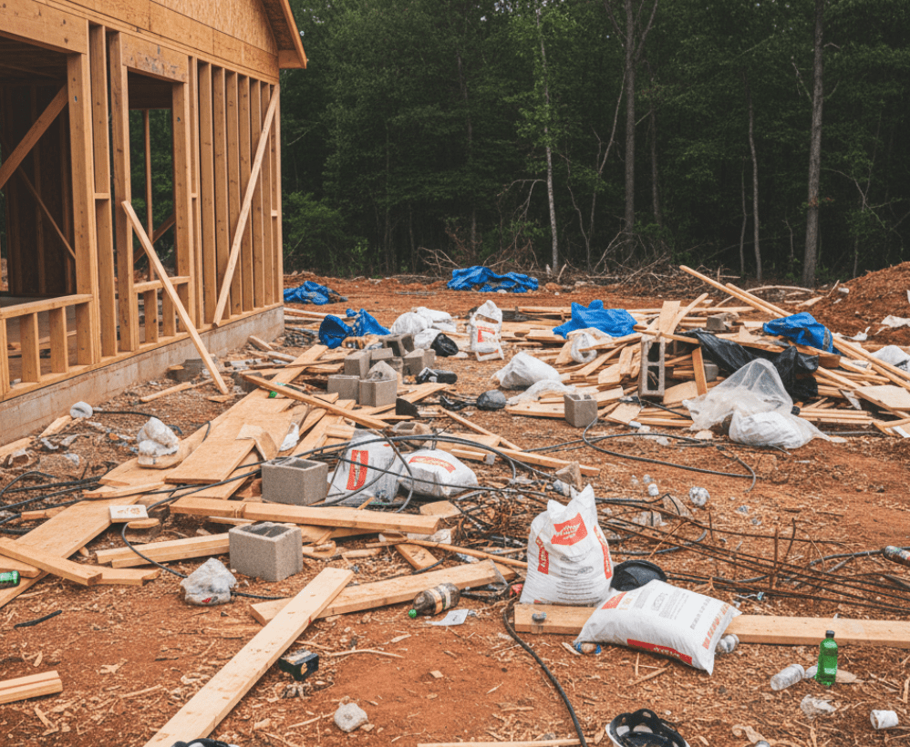 Construction site with partially built wooden house, scattered construction materials, debris, and tools on bare ground, with trees in the background.