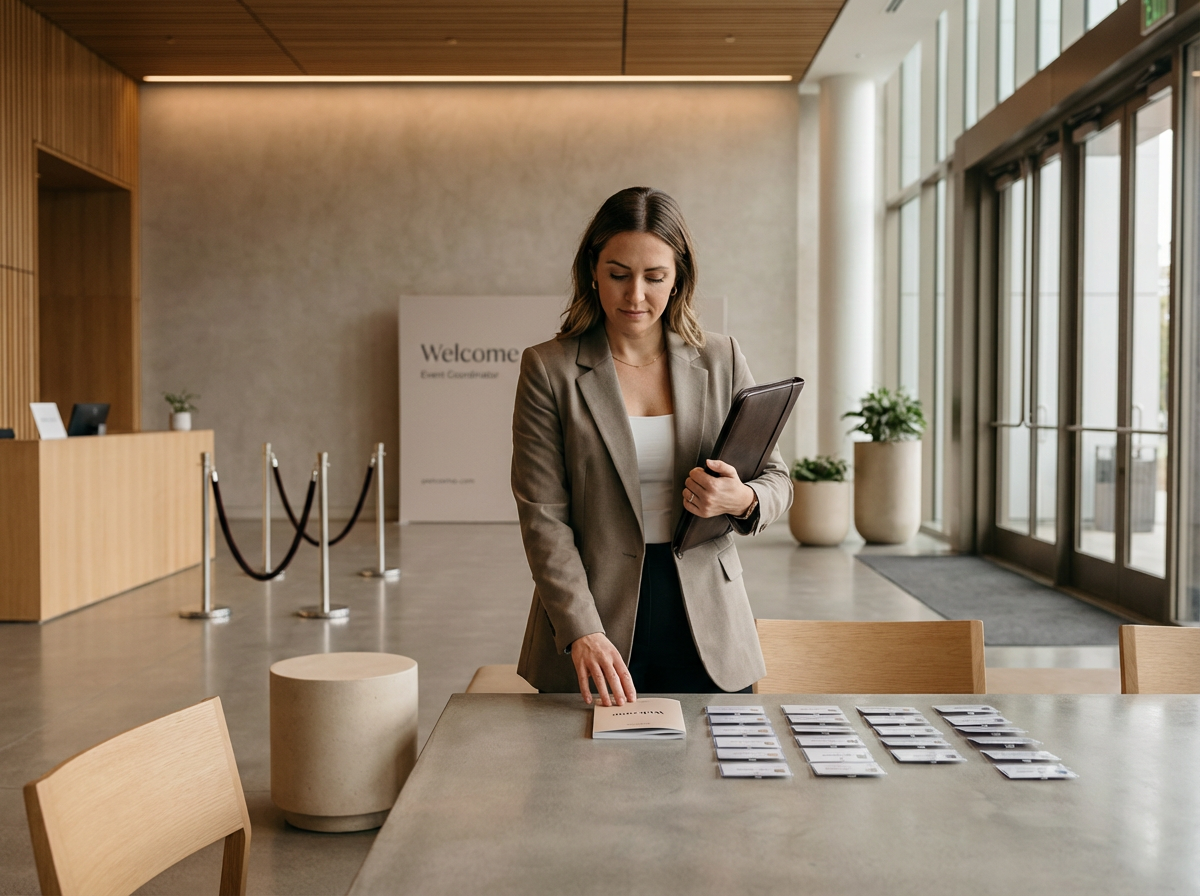 A woman in a blazer looking at a table with name badges or lanyards, holding a tablet in her right hand, in a modern indoor space with large windows and welcoming decor.