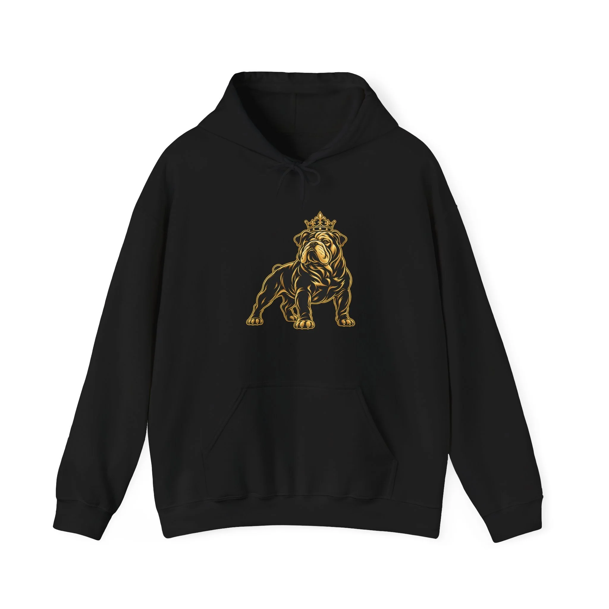 Black Bred to Reign English Bulldog hoodie with gold crowned bulldog graphic on the front