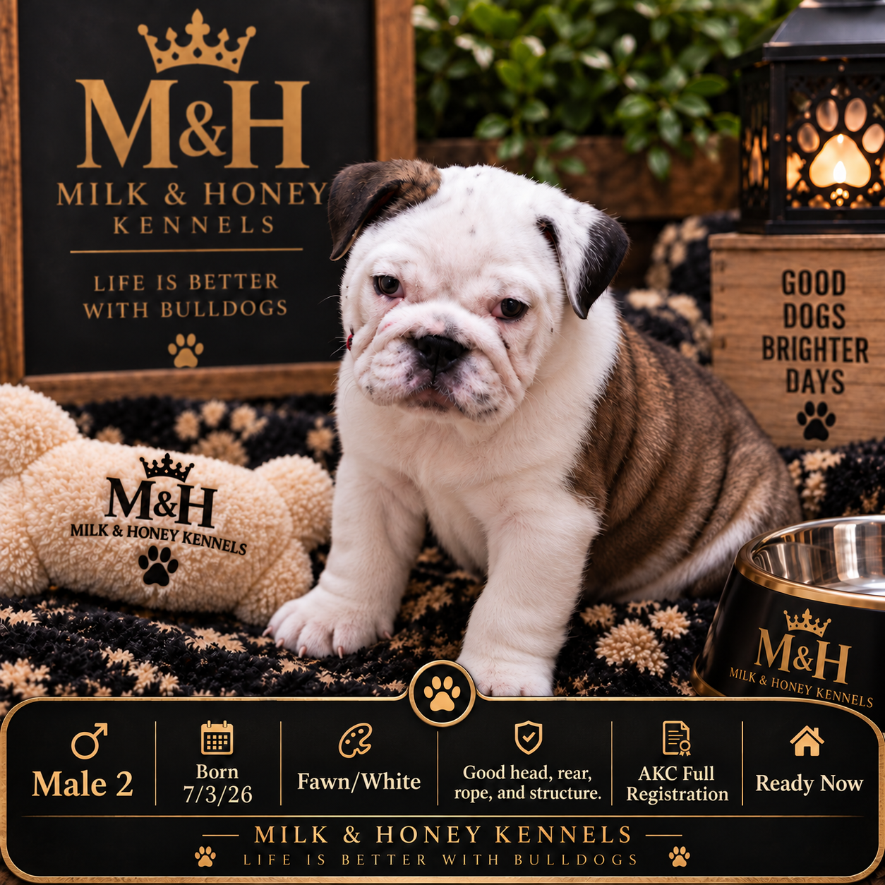 White and fawn English Bulldog puppy profile from Milk & Honey Kennels with litter and puppy information.