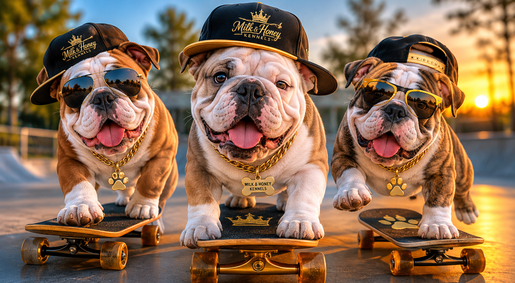 Three bulldogs wearing caps and sunglasses, riding skateboards at sunset in a park, with trees and a fence in the background.