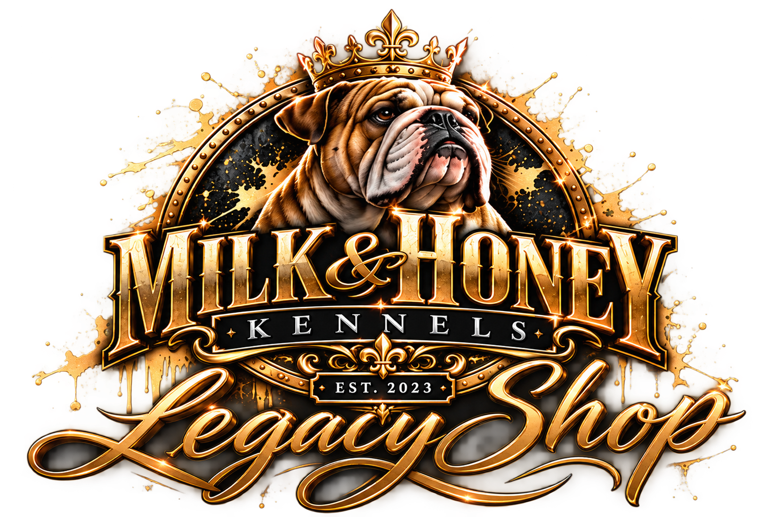 Milk & Honey Kennels Legacy Shop logo featuring a crowned English Bulldog in gold and black with EST. 2023.