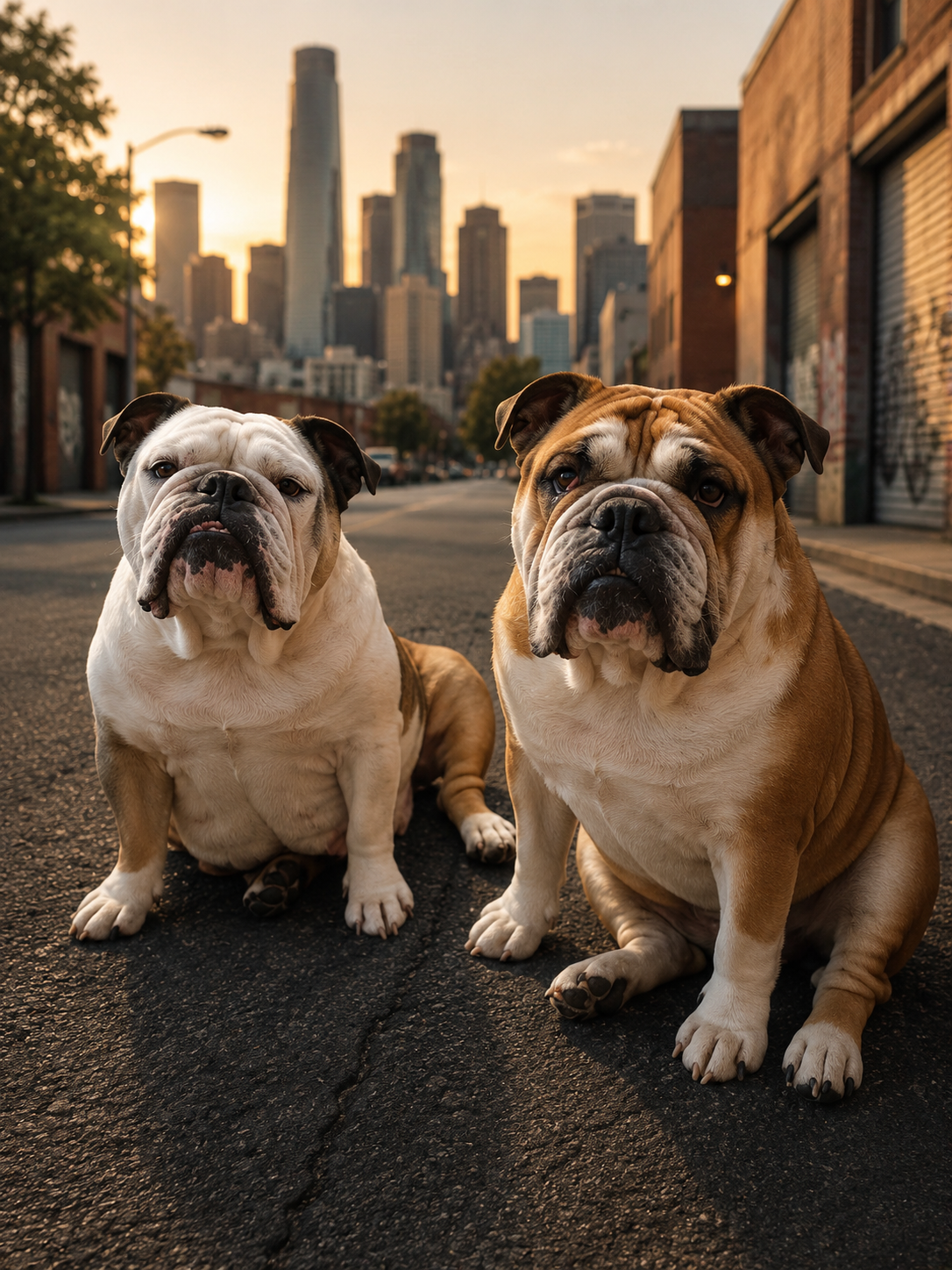 Two bulldogs sitting on an urban street at sunset with a city skyline in the background.