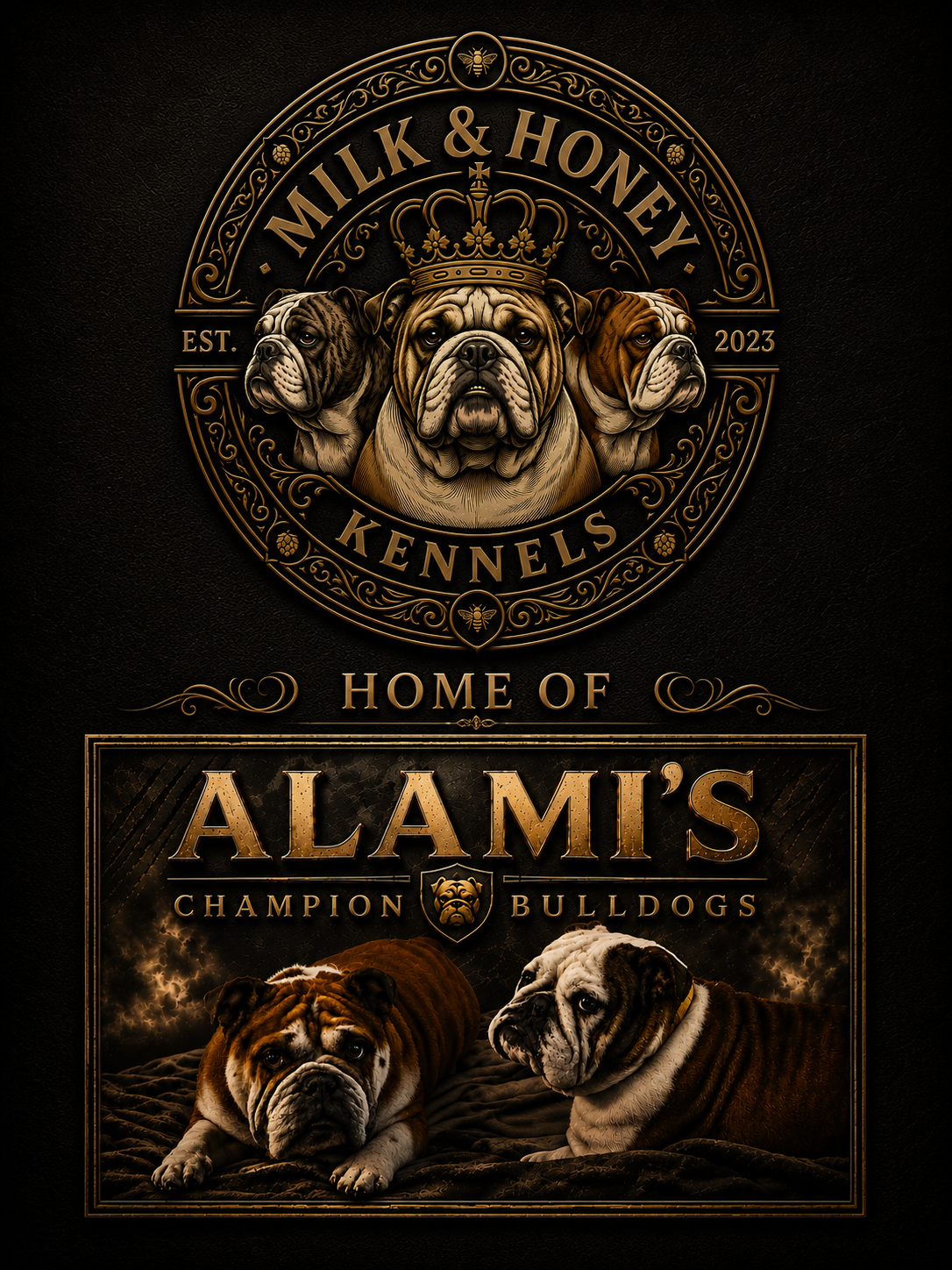 A decorative logo for Milk & Honey Kennels featuring three bulldogs, a crown, and ornate gold-colored design elements. The text includes "Home of Alami's Champion Bulldogs," with two bulldogs lying on a dark background.