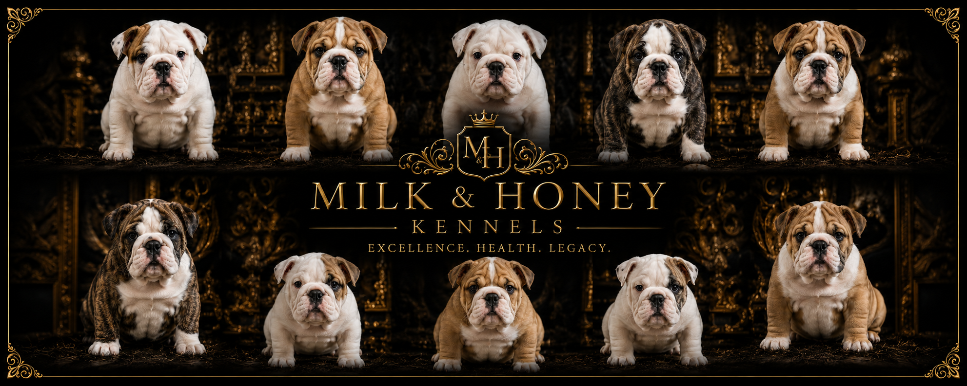 Ten bulldog puppies, some with white and tan fur and others with brindle markings, sitting on a luxurious dark background with gold accents. In the center, there is a logo with the letters M and H, and the text reads "Milk & Honey Kennels" with the tagline "Excellence. Health. Legacy."