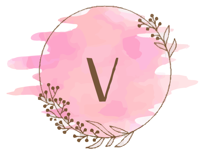 A pink watercolor background with a brown letter 'V' in the center, surrounded by a floral wreath with leaves and small berries.
