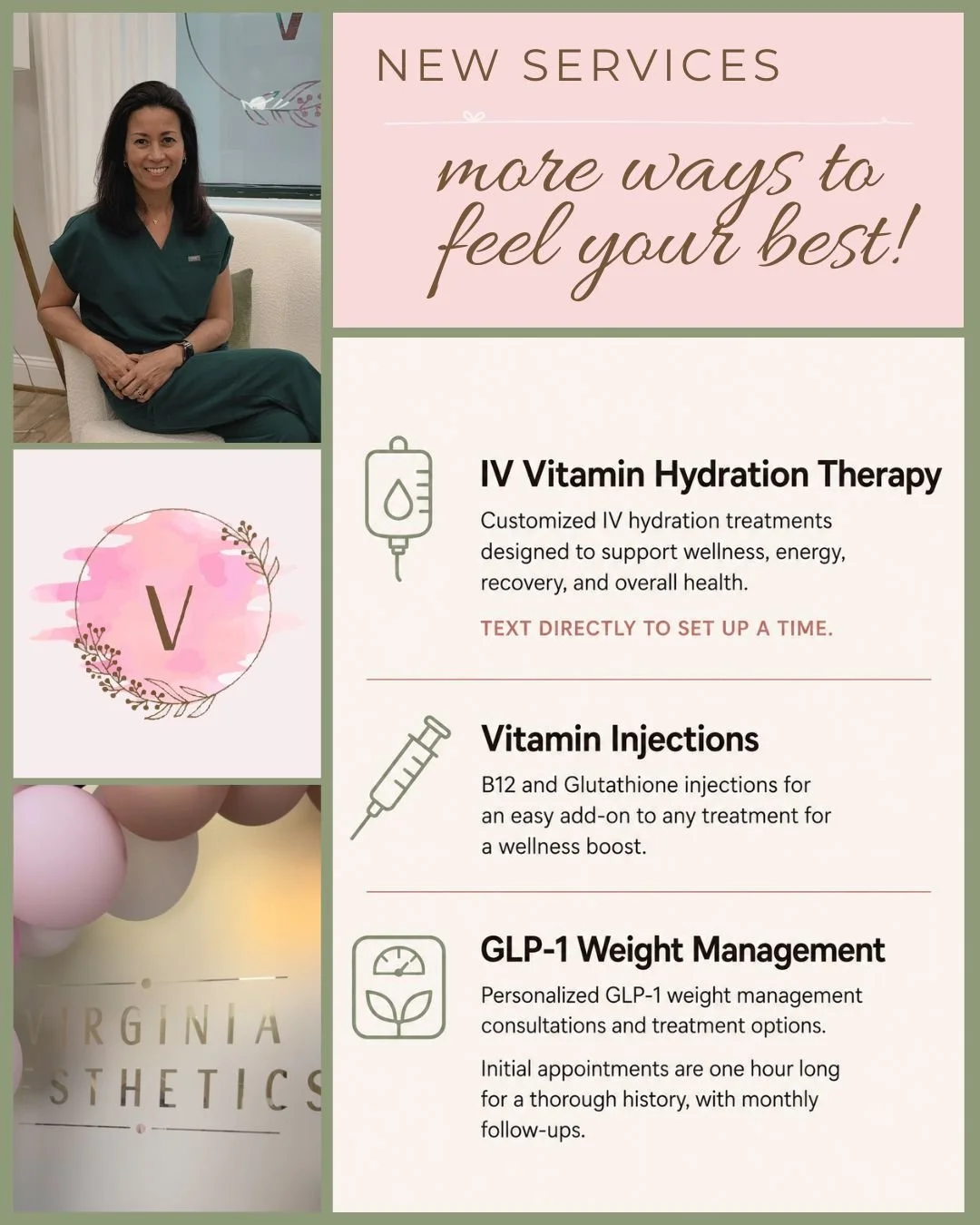 Flyer for Virginia Aesthetics displaying new wellness services including IV Vitamin Hydration Therapy, Vitamin Injections, and GLP-1 Weight Management, with a woman in medical scrubs and decorative graphics.
