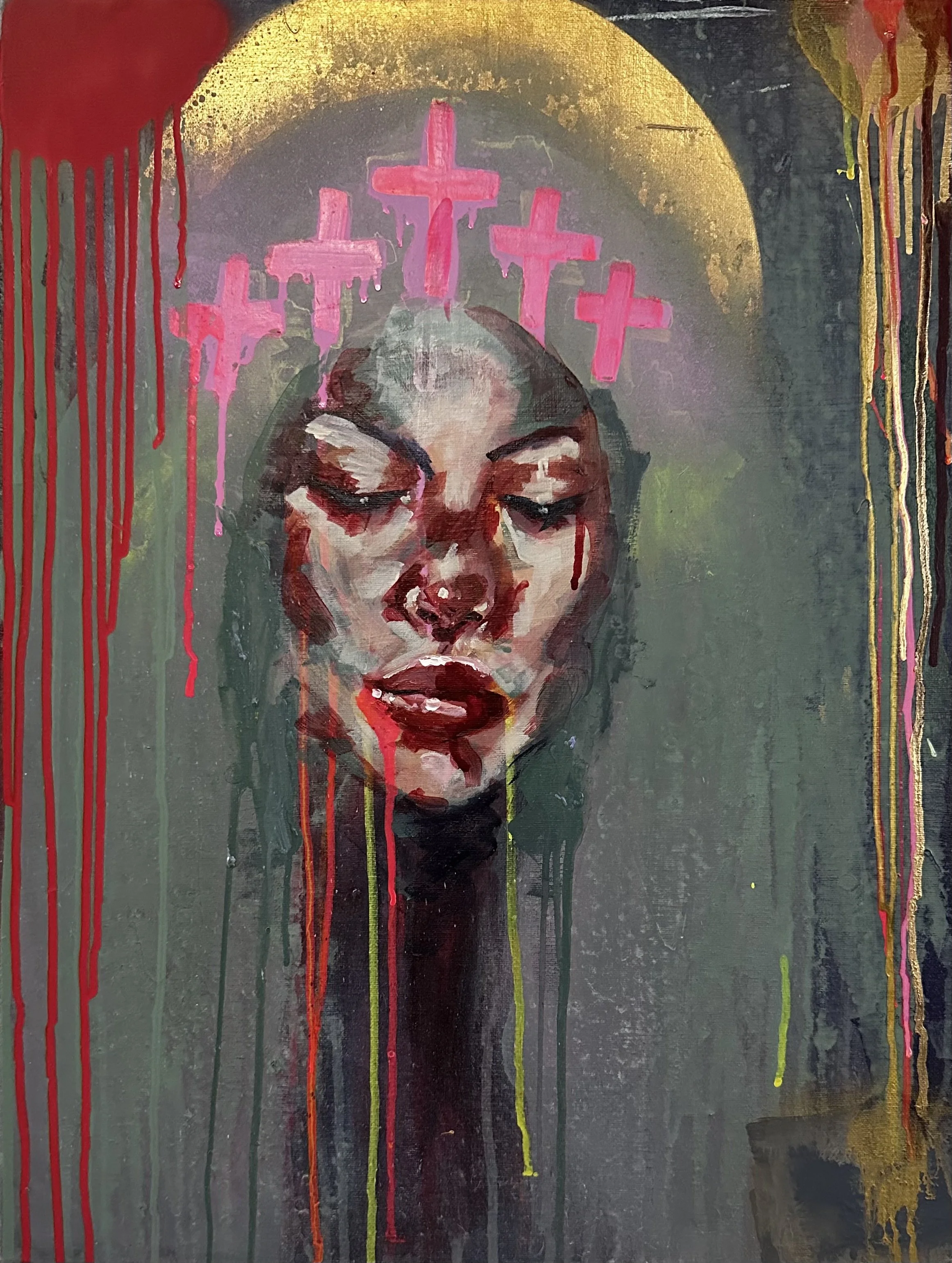 A painting of a woman's face with closed eyes and red lips, surrounded by pink crosses above her head, with colorful drips and splashes of red, yellow, and green paint on a dark background.