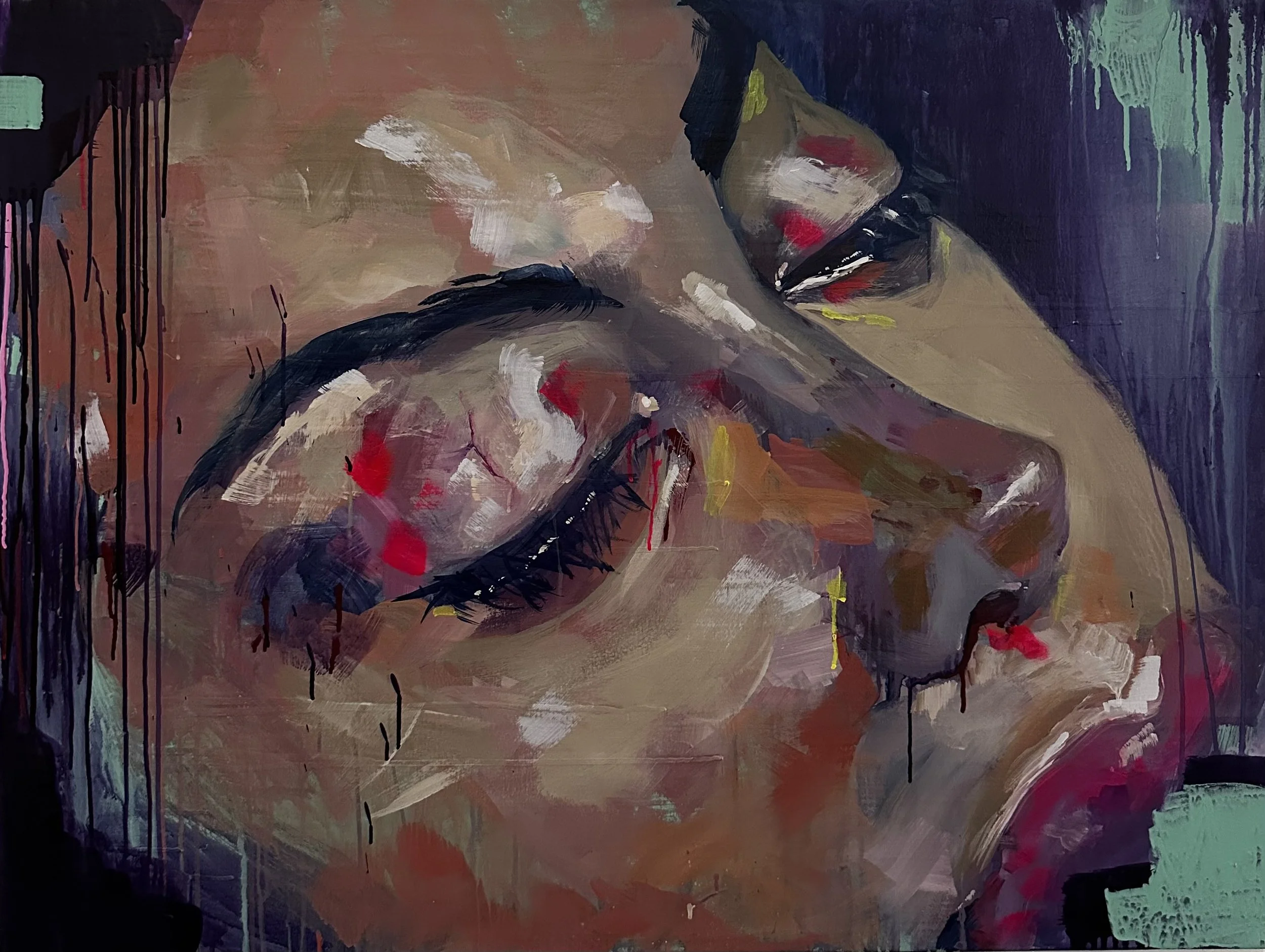 An abstract painting featuring a mix of earthy tones with splashes of brighter colors. The image includes brush strokes, drips, and textured areas, with no clear subject or recognizable objects.