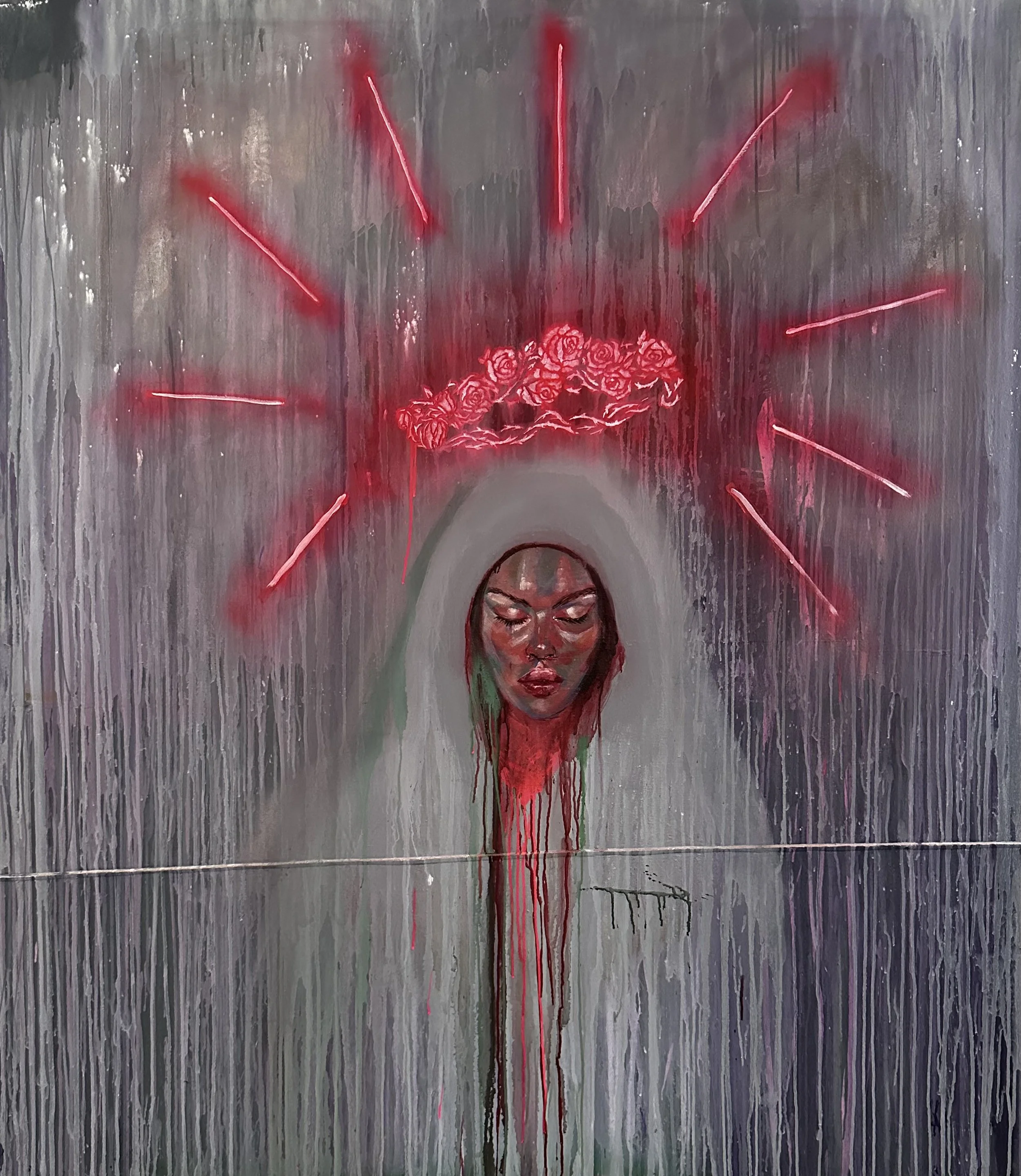 A painted portrait of a woman with closed eyes and a serene expression. The background features abstract, vertical gray and black drips. Red neon lights form a halo of elongated rose outlines above her head, creating a surreal, mystical atmosphere.