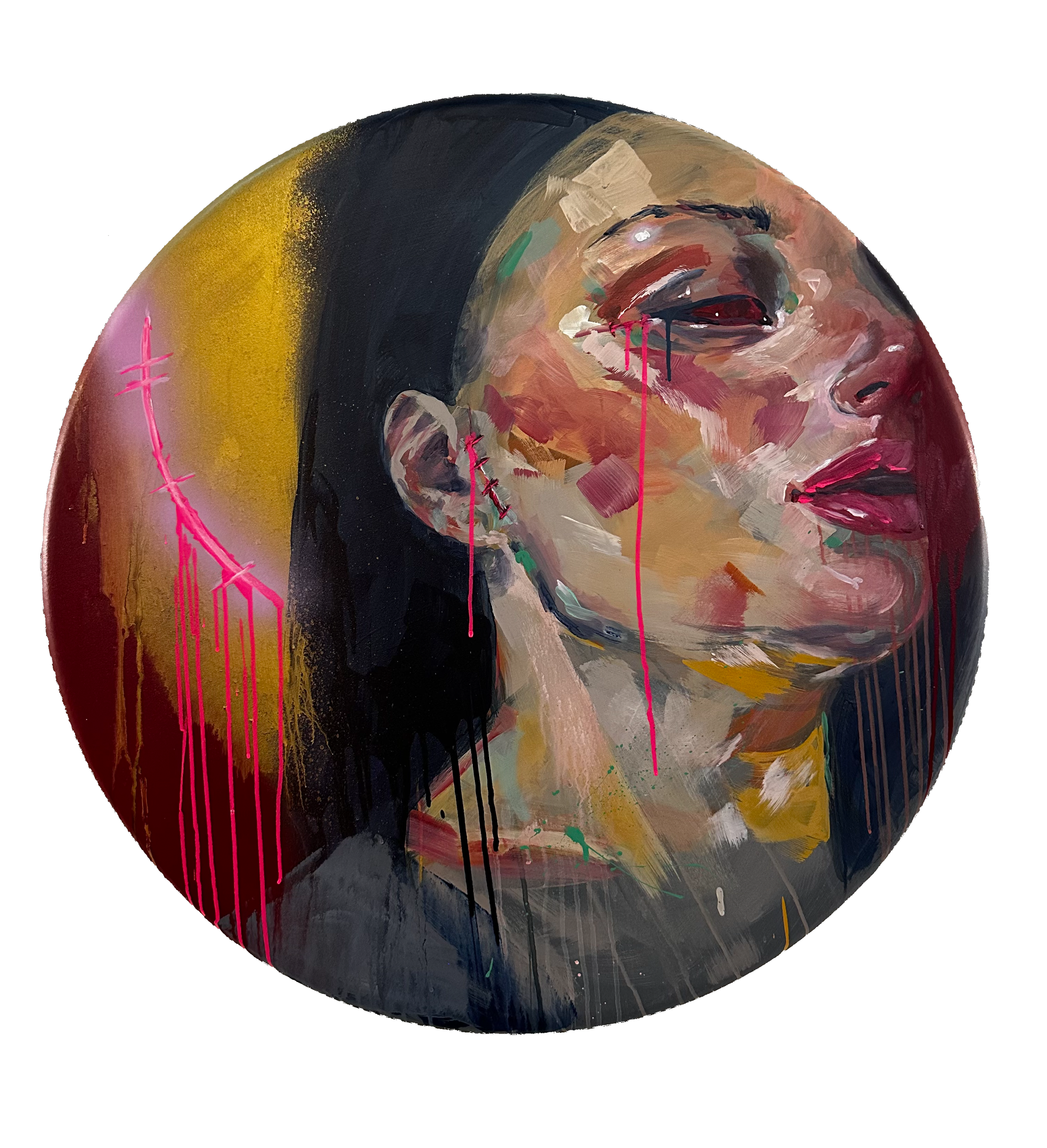 Abstract digital art featuring a painted face with bold brush strokes, vivid colors, and dripping paint effects.