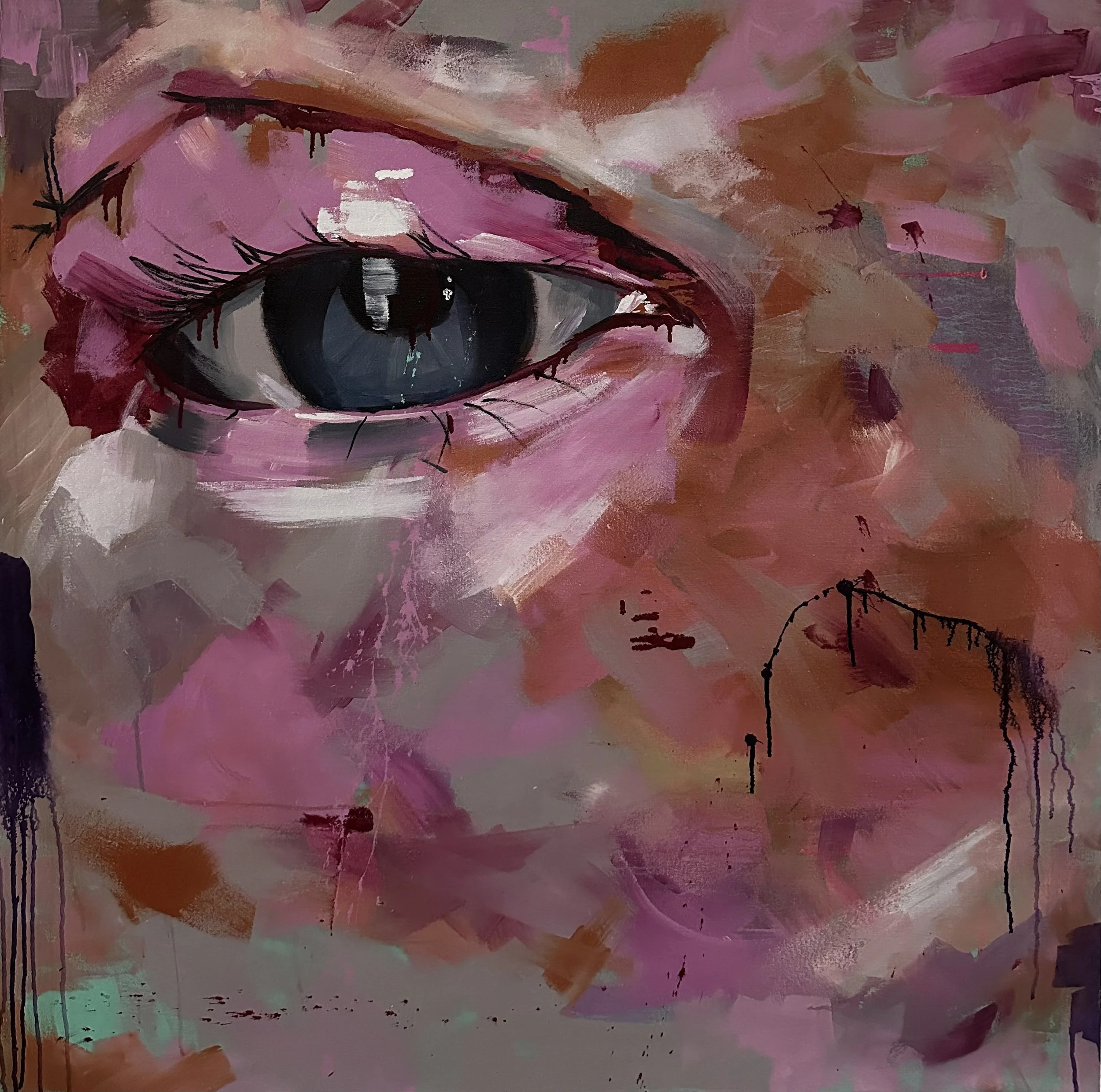 Abstract painting with bold, sweeping brushstrokes in shades of pink, orange, brown, black, and hints of teal and gray.