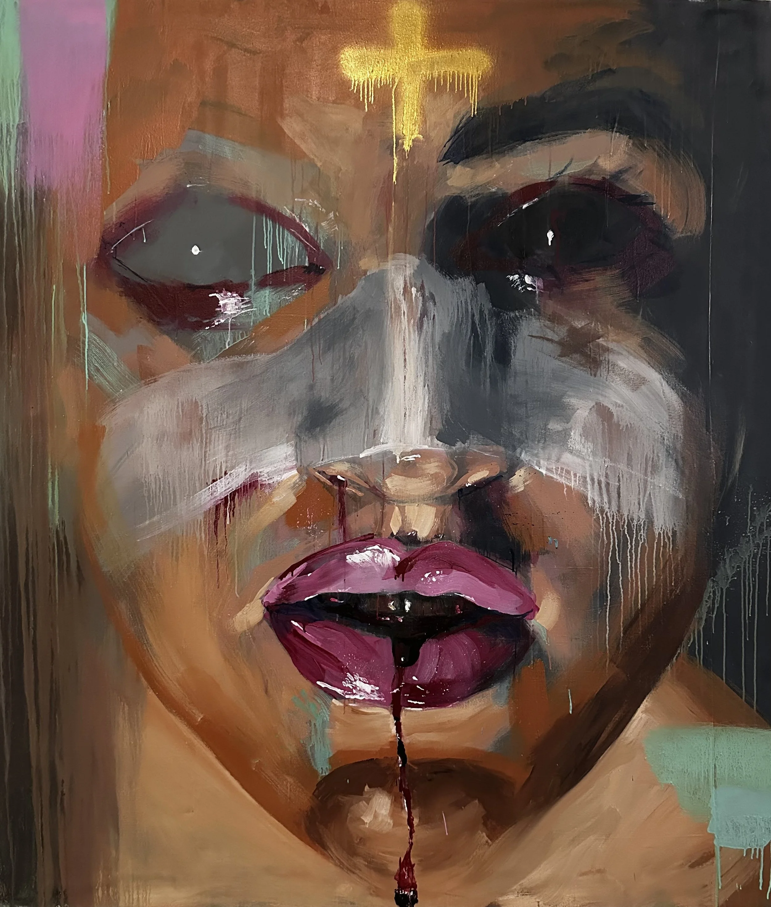 An abstract painting emerges a woman's face with closed eyes, full lips painted deep red, and a pregnancy belly with a growing baby bump, using bold brushstrokes, vibrant colors, and dripping paint effects.