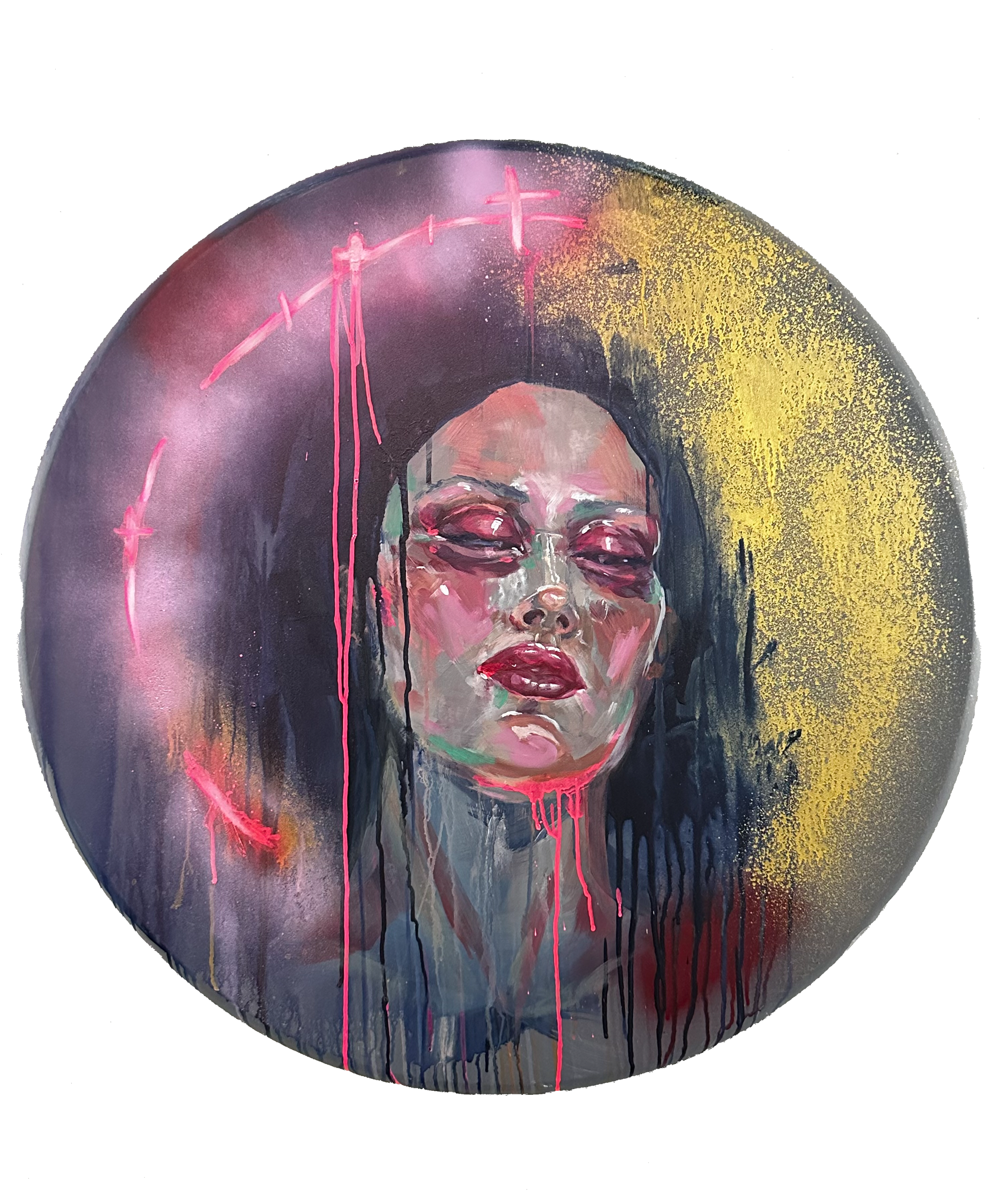 A circular portrait of a woman with her eyes closed and lips parted, painted with expressive brushstrokes and splashes of pink, gold, and dark colors, with pink dripping paint and yellow splatters around her face.