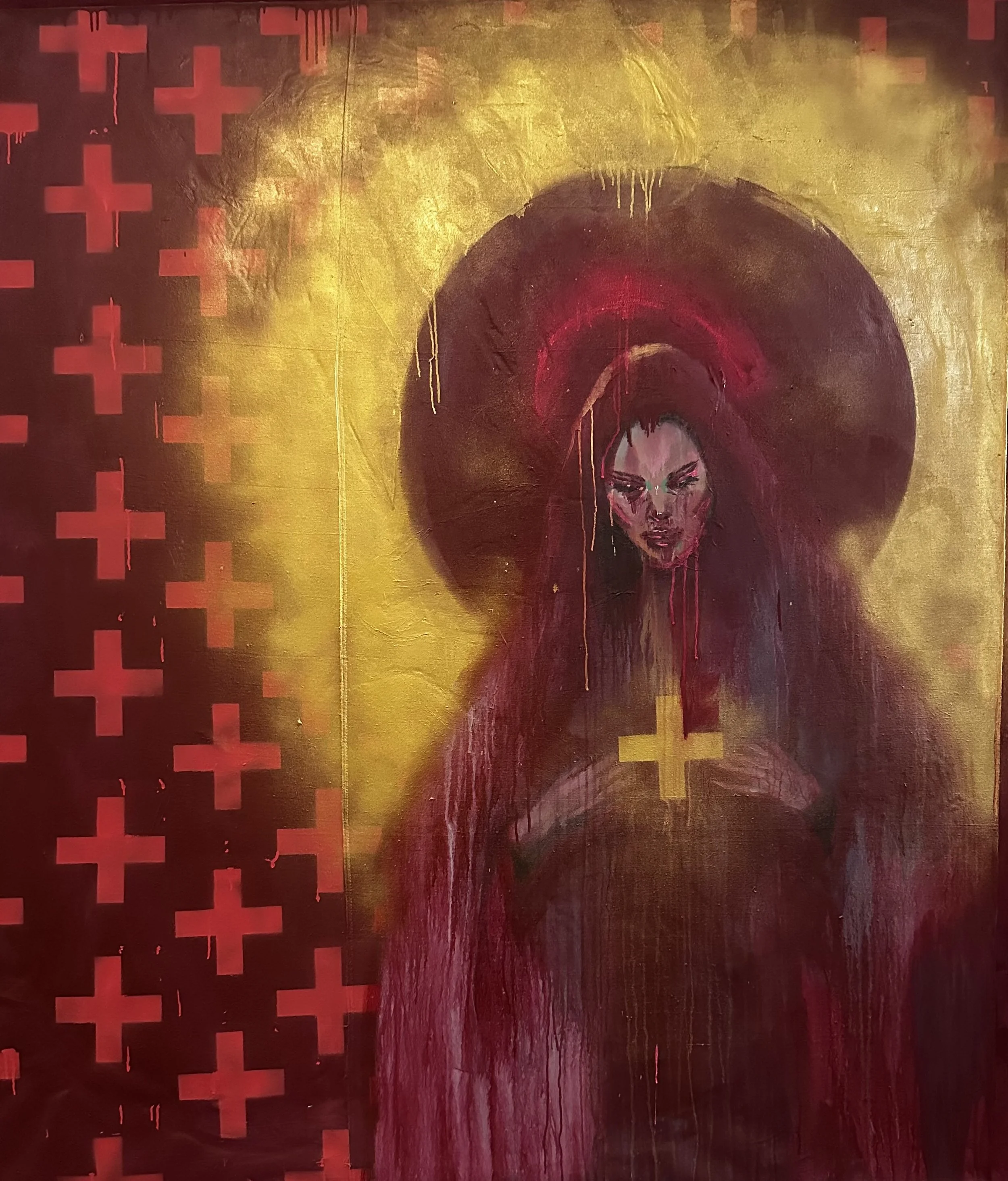 A painting with a fiery red and orange background featuring a woman with long flowing hair, painted in shades of dark red and black, with a somber expression. The left side of the painting includes a pattern of red crosses.
