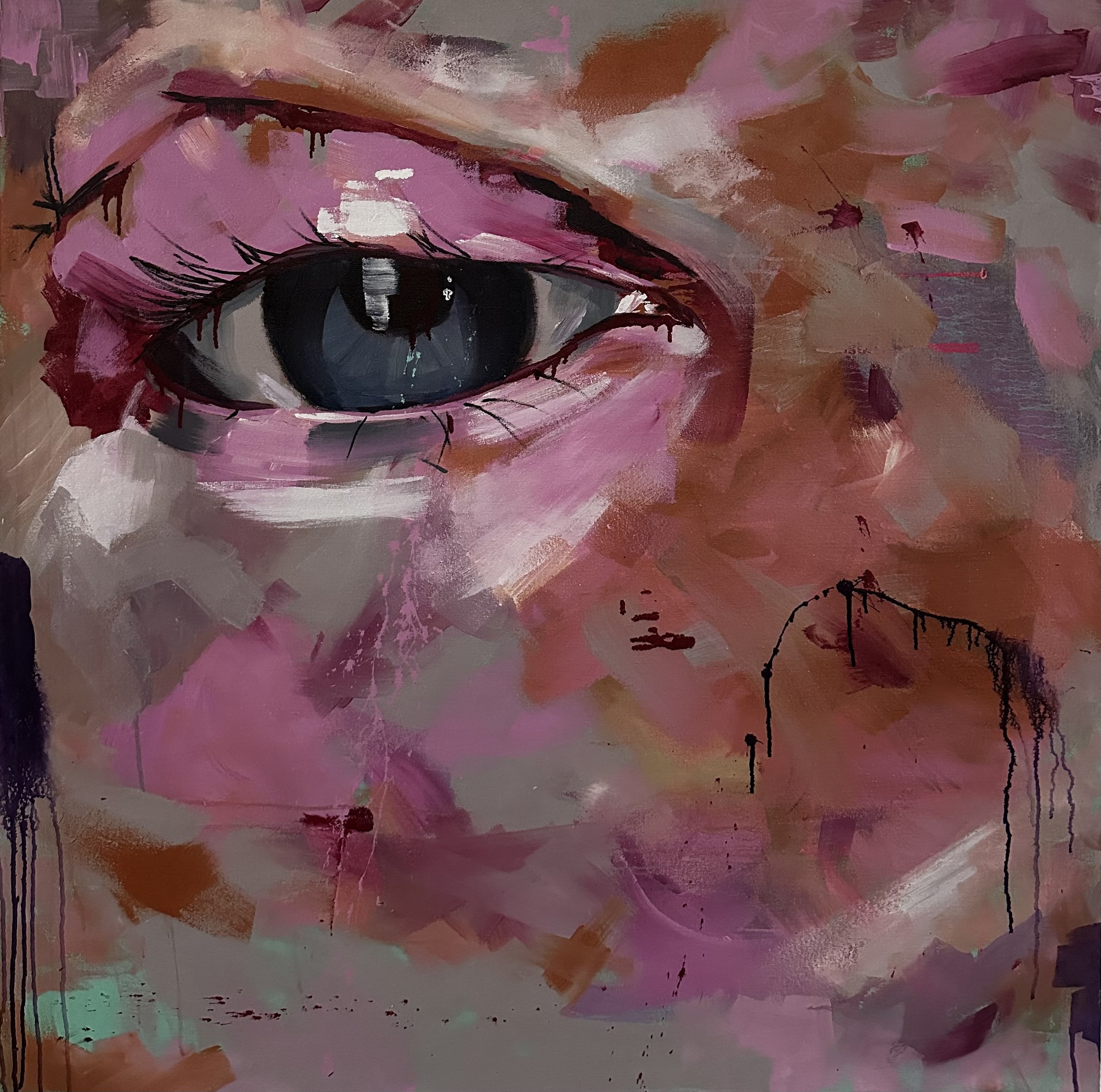 Abstract painting with bold brush strokes and a large eye depicted in the center, with prominent black lashes and a gray-blue iris, on a textured background of pink, brown, purple, and hints of green.