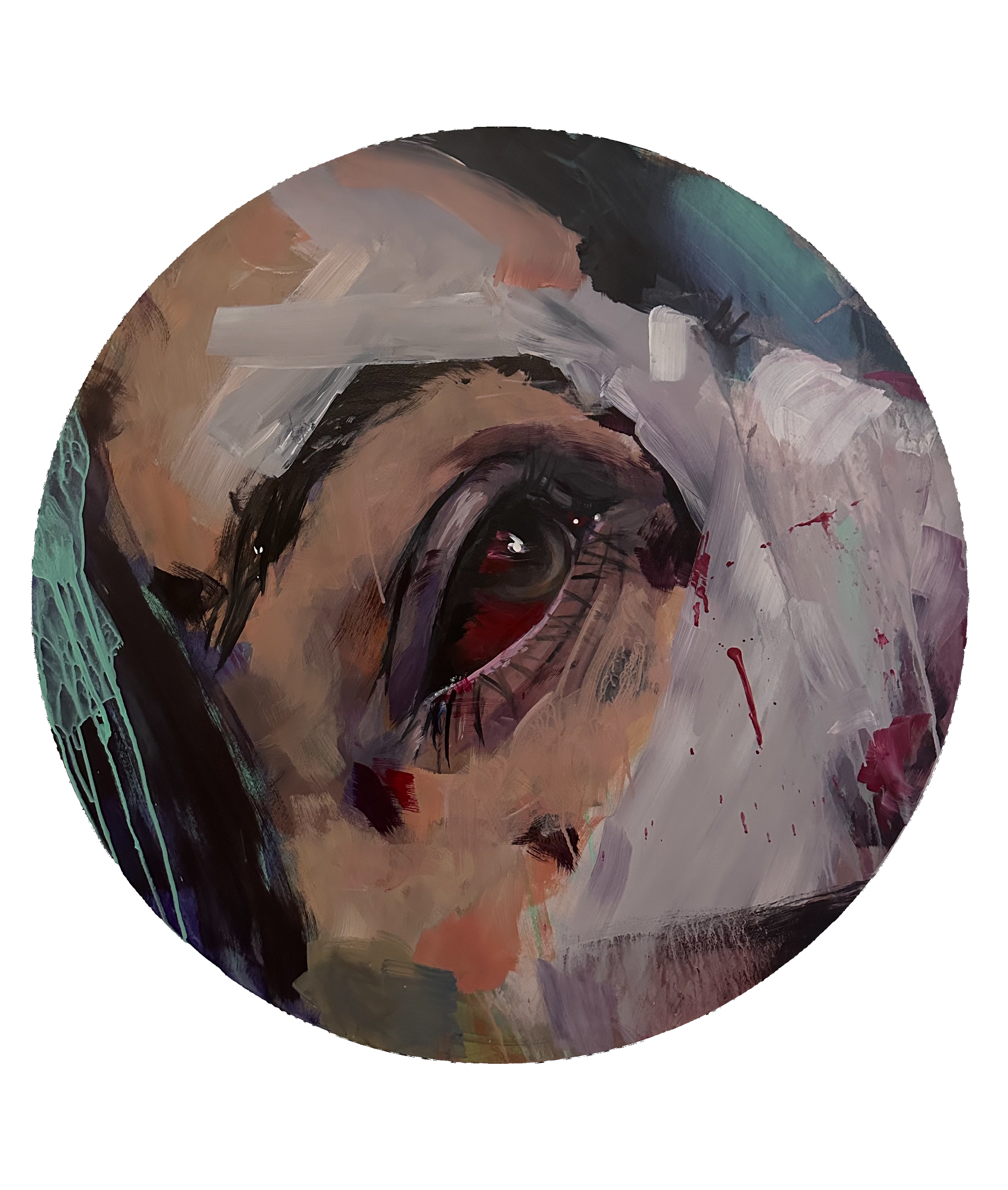 Abstract painting featuring a human face with a wide, open eye, surrounded by bold brushstrokes in various colors including browns, blacks, greens, and reds.