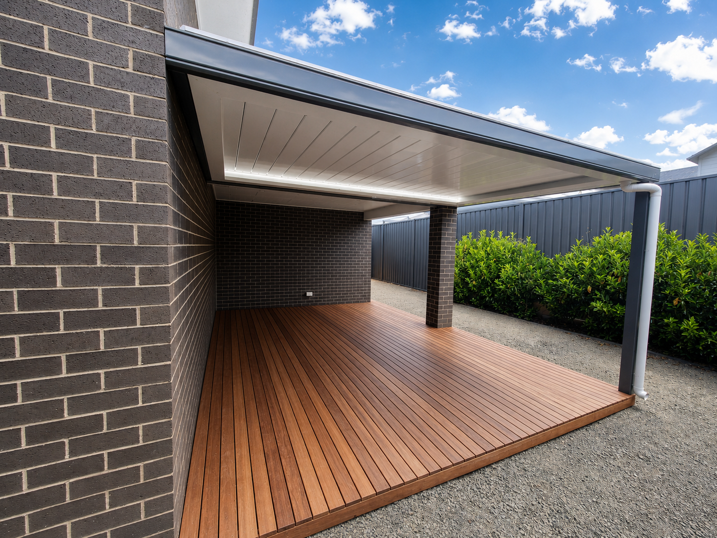 Covered outdoor patio with wooden decking, brick wall on the left, black fence in the background, and greenery on the right, under a partly cloudy sky.