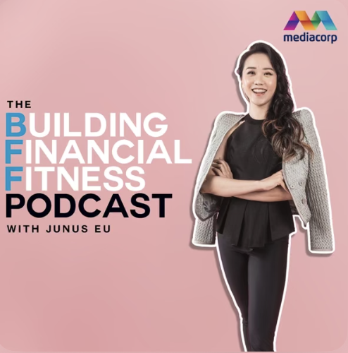 Promo image for the 'Building Financial Fitness Podcast' featuring a smiling woman with crossed arms, wearing a blazer and black outfit, with pink background and media company logo in top right corner.