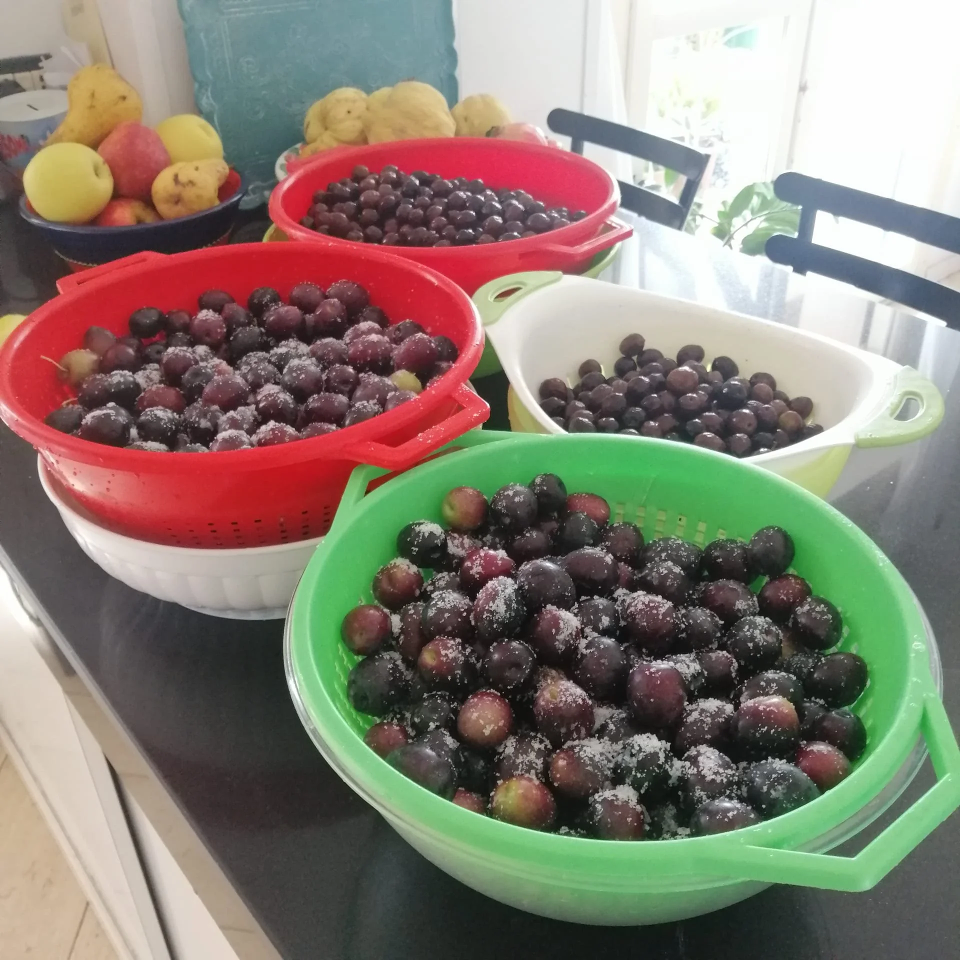 Multiple bowls filled with fresh black grapes on a dark kitchen countertop. house Cured olives dry