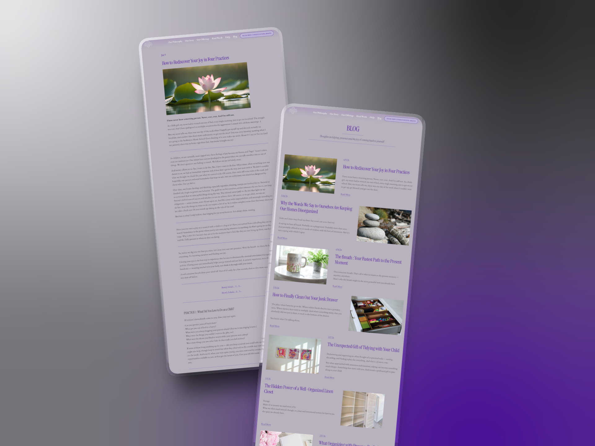 A layered canvas mockup displaying a screenshot of a main website blog grid page and a detailed layout of an individual blog post.