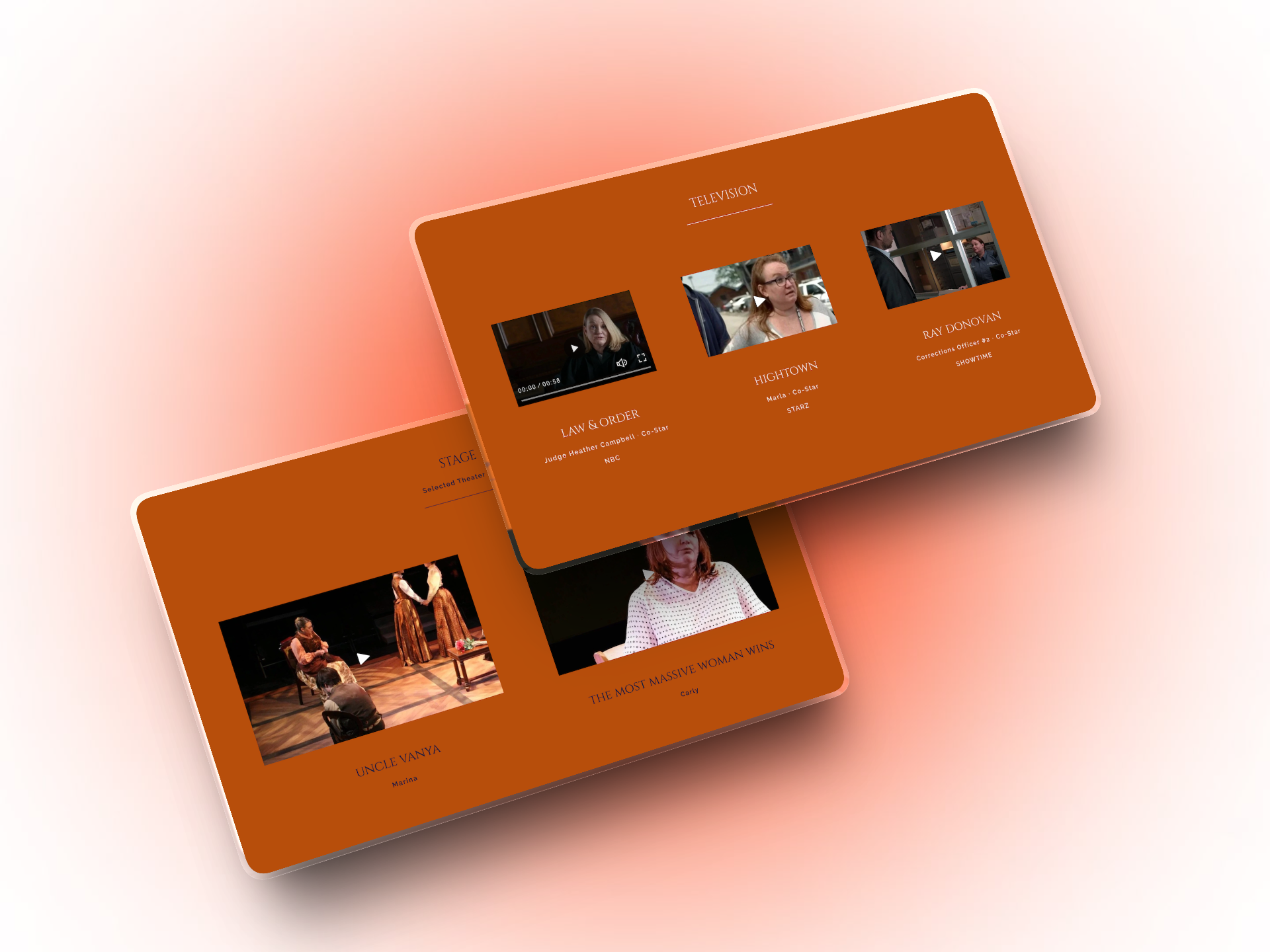 A layered canvas mockup displaying video player layouts for television and theater stage performance reels on an actor website.