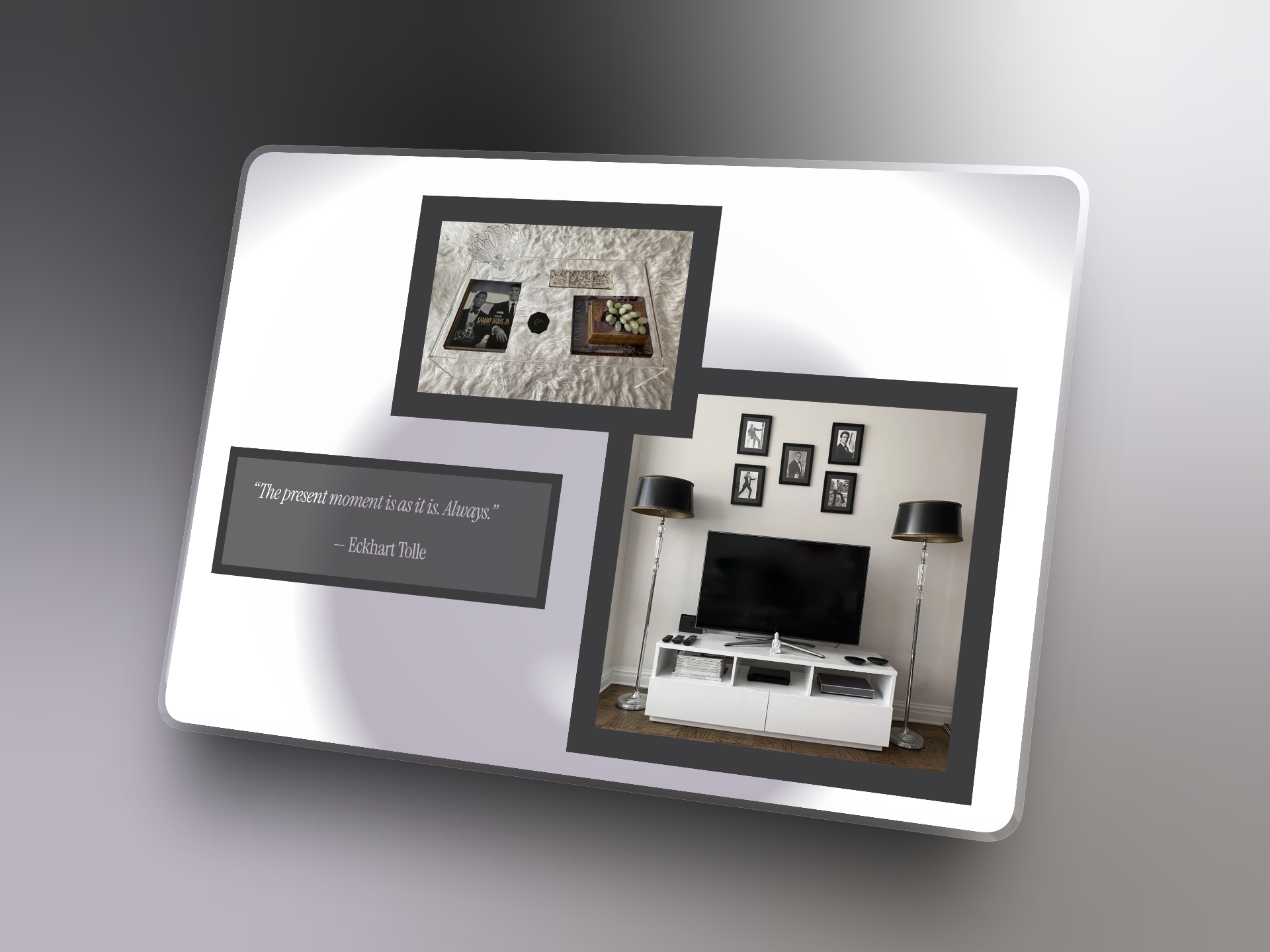 A framed multi-image mockup featuring an organized living room coffee table, a styled TV stand flanked by lamps, and framed James Bond photos on the wall.