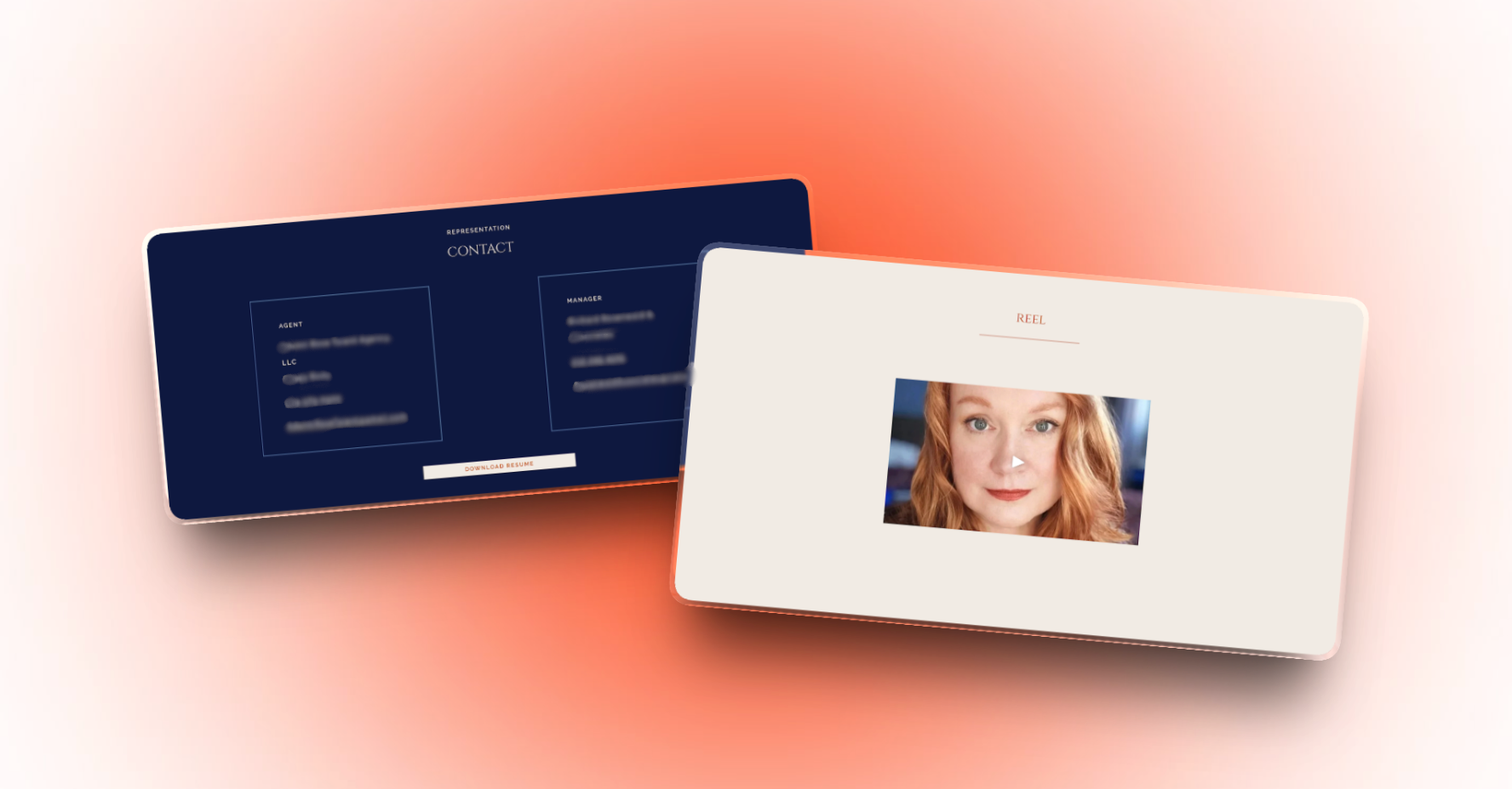A layered canvas mockup displaying video player layouts for television and theater stage performance reels on an actor website.