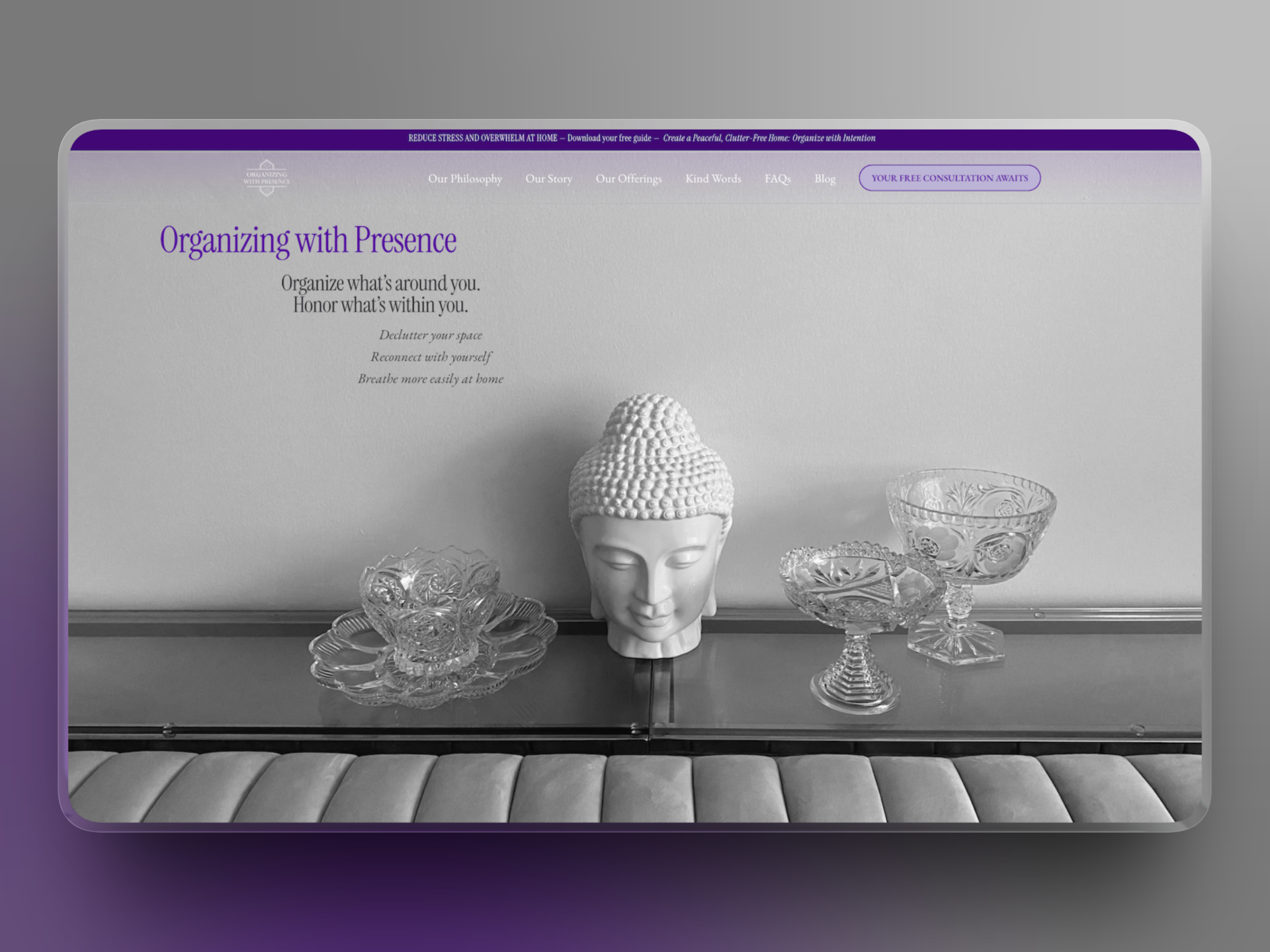 A framed canvas mockup displaying a screenshot of the hero section for the Organizing With Presence website.