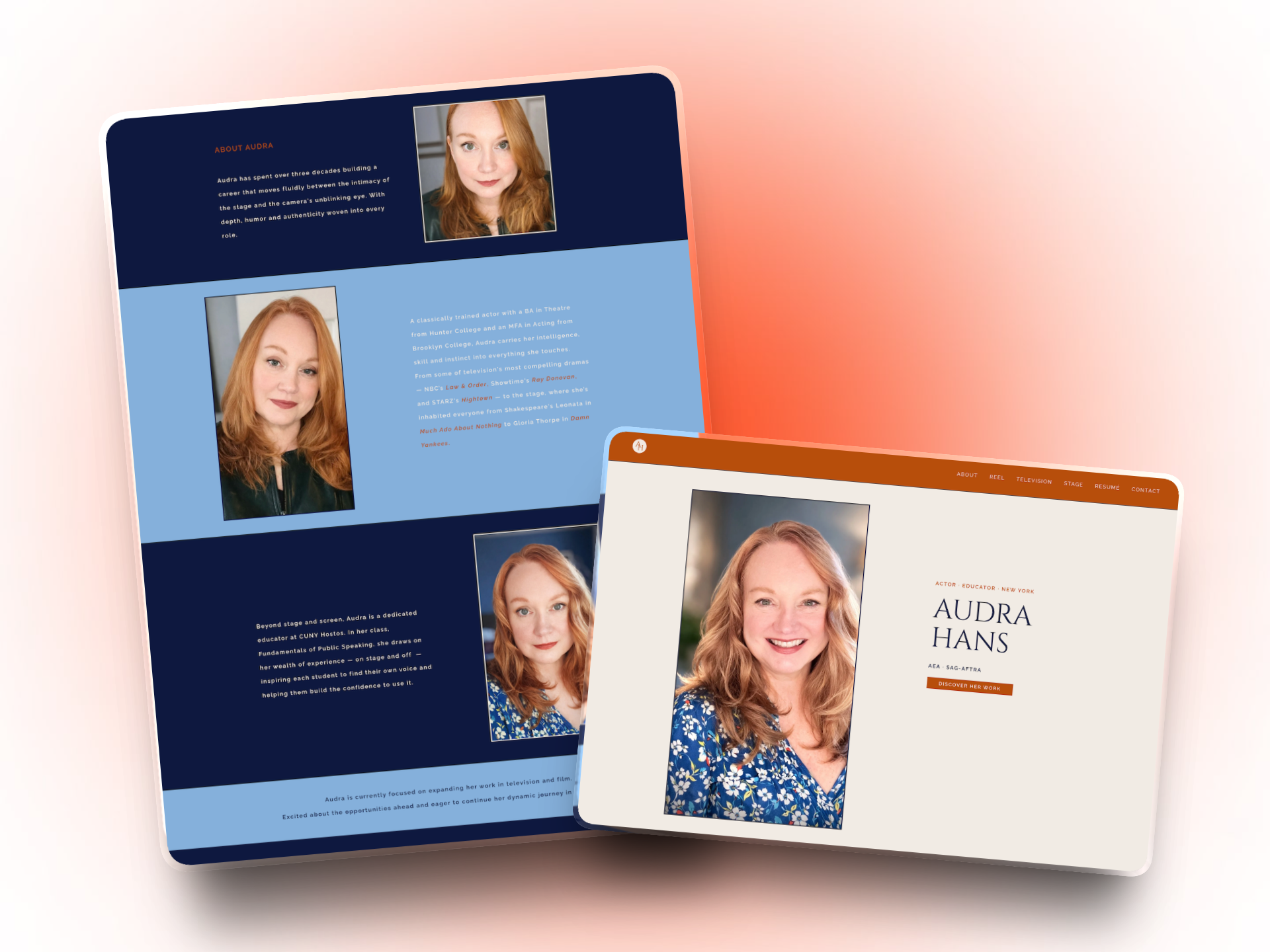 A layered canvas mockup displaying the home page and about section layout for Audra Hans, an actress and educator website.