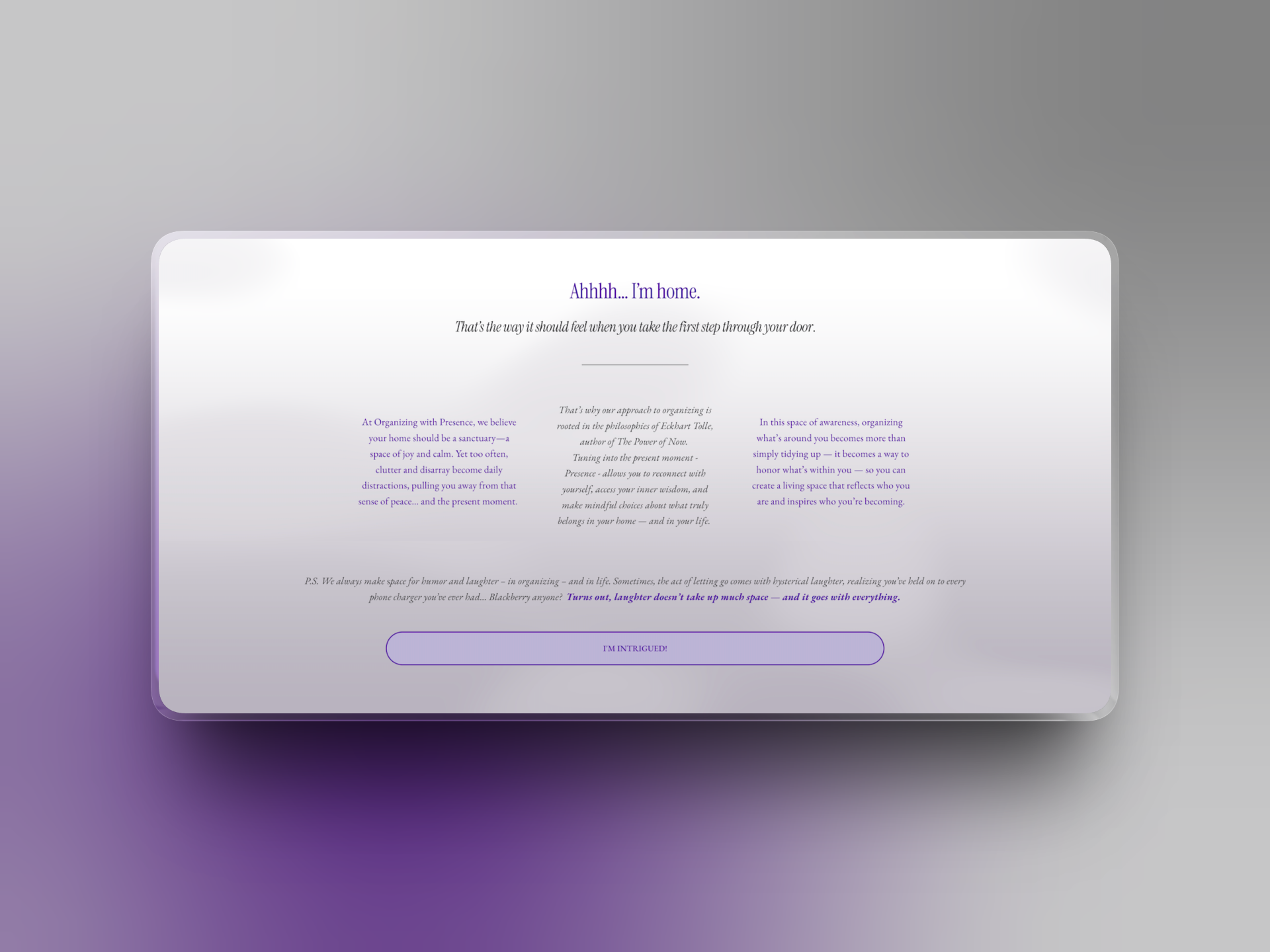 A framed canvas mockup displaying a screenshot of the Our Philosophy section for a mindfulness-based decluttering website.