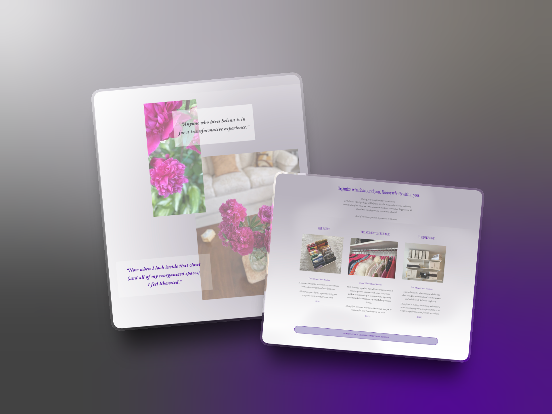A layered canvas mockup displaying a screenshot of the services page and a testimonial quote layout for Organizing With Presence.