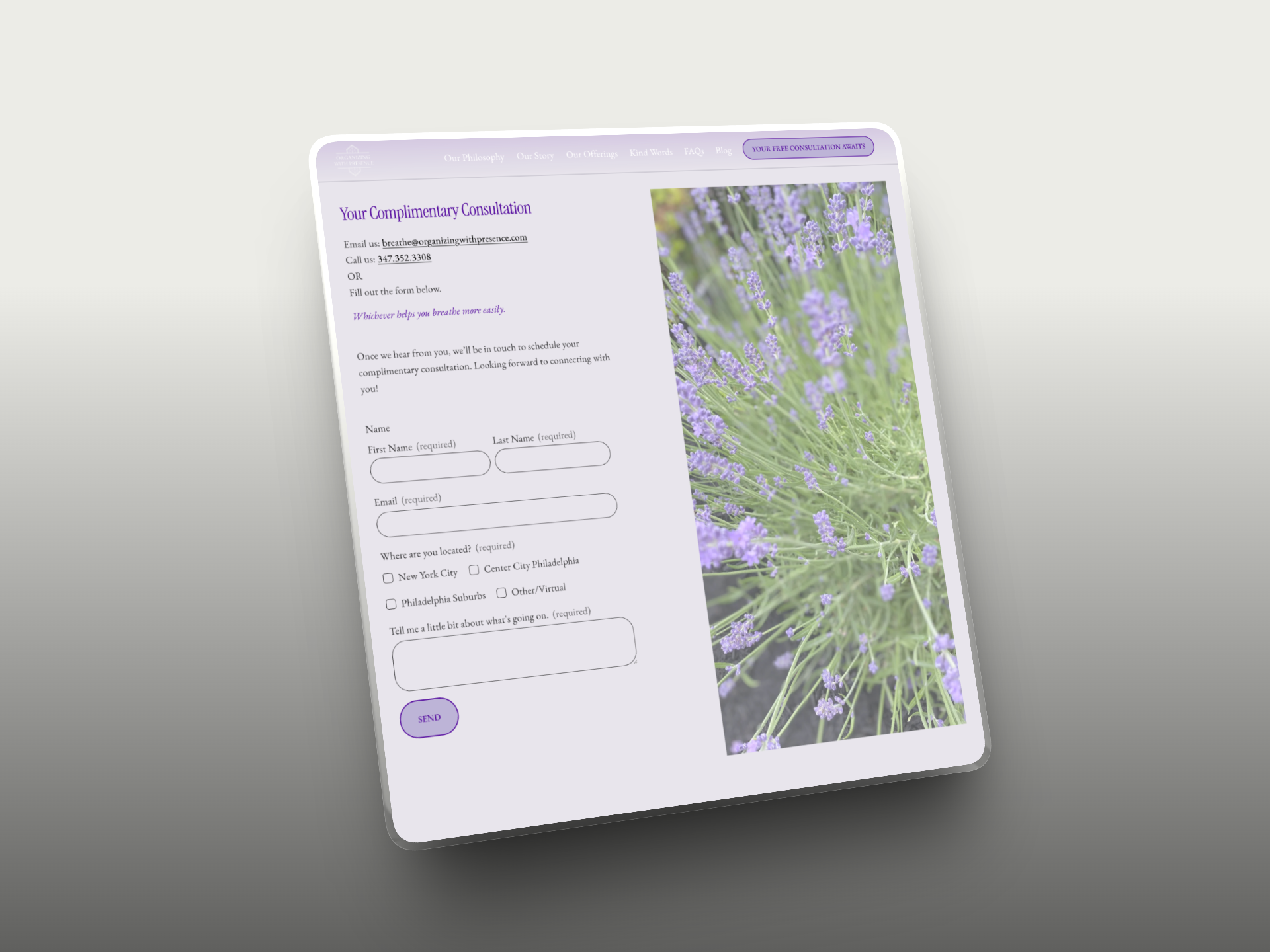 A framed canvas mockup displaying a website contact form for a complimentary consultation next to an image of purple lavender.