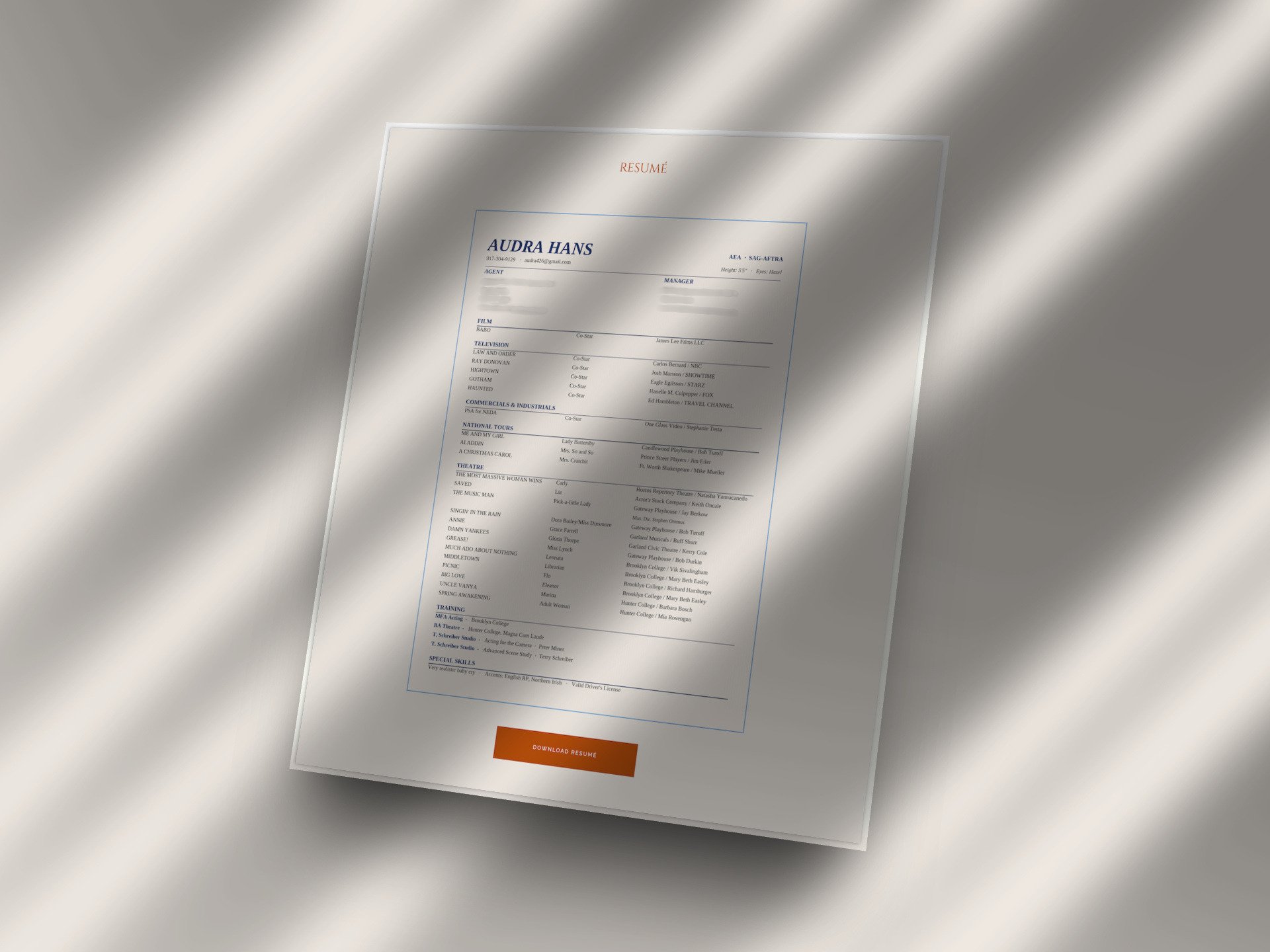 A framed canvas mockup displaying a screenshot of a structured acting resume layout with a download button on a performer website.