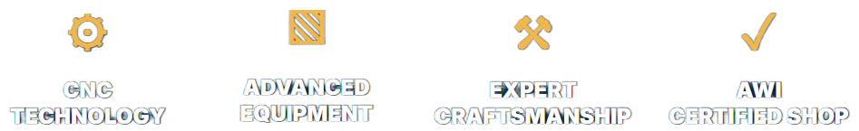 Icons with text labels for CNC technology, advanced equipment, expert craftsmanship, and AWI certified shop.