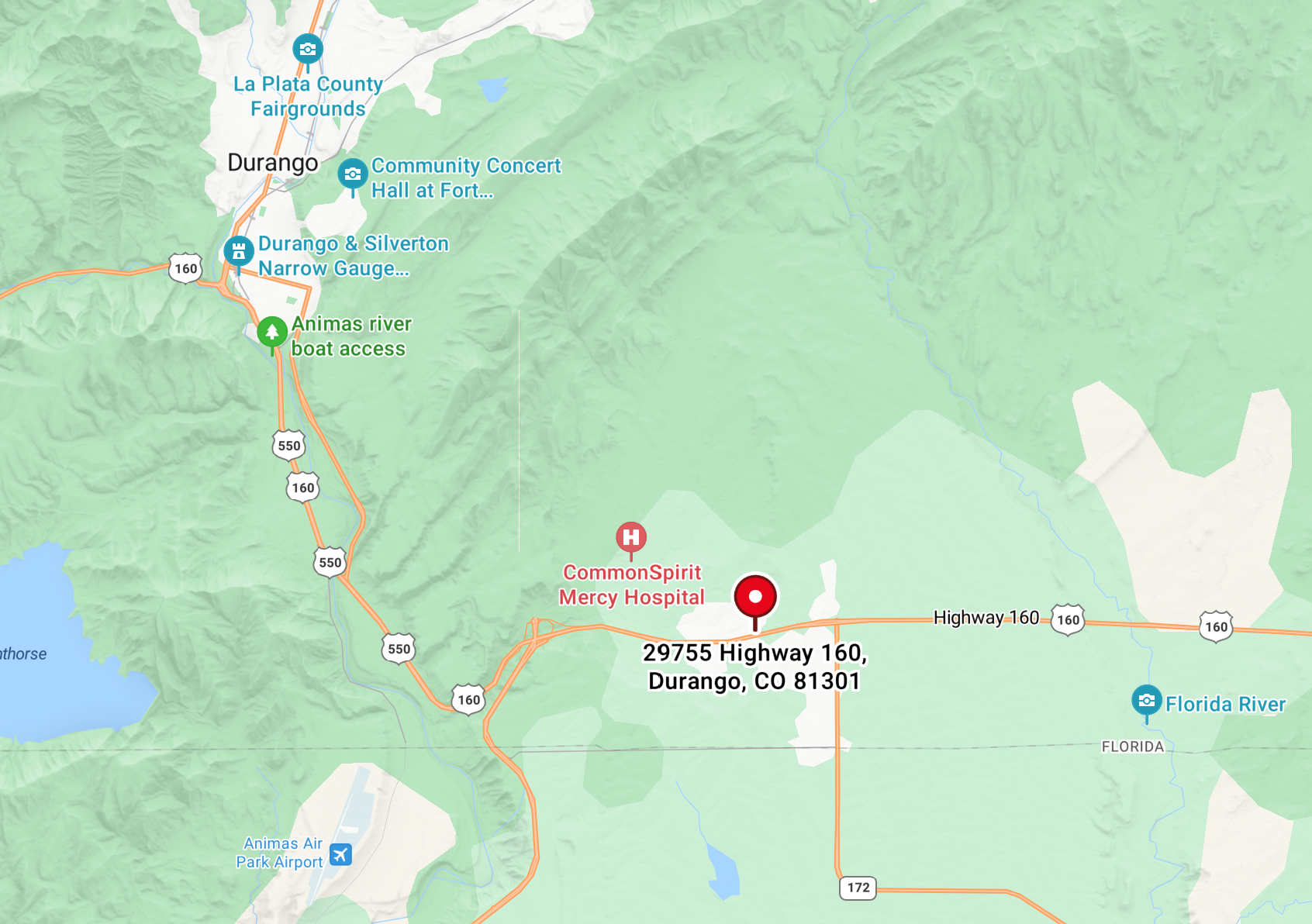 Map showing locations in Durango, Colorado including Highway 160, CommonSpirit Mercy Hospital, Animas River boat access, Durango & Silverton Narrow Gauge Railroad, Durango Community Concert Hall, and Durango Fairgrounds. The map highlights roads, natural features, and nearby landmarks.