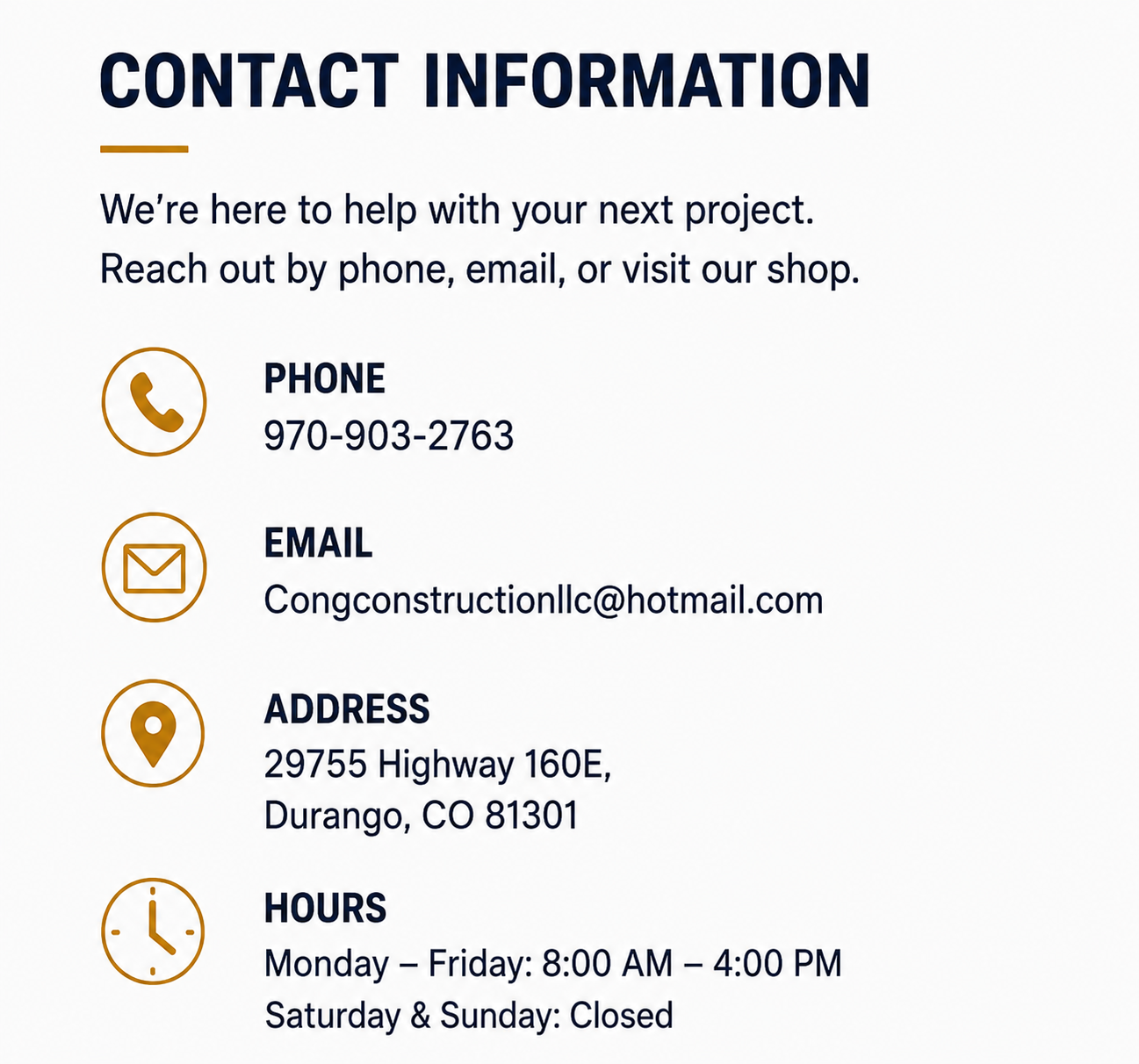 Contact information sheet with phone number, email address, physical address, and hours of operation for a business.
