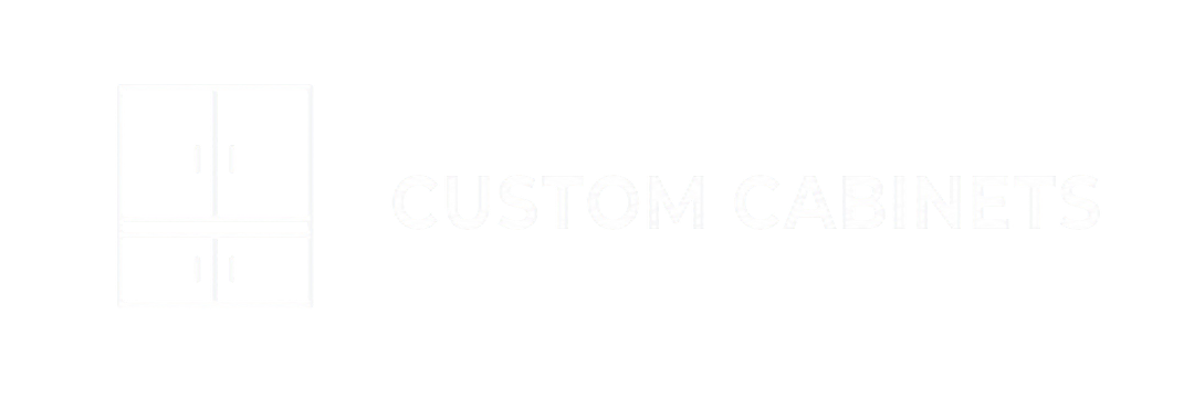 Logo of custom cabinets company with a line drawing of a cabinet next to the words "CUSTOM CABINETS".