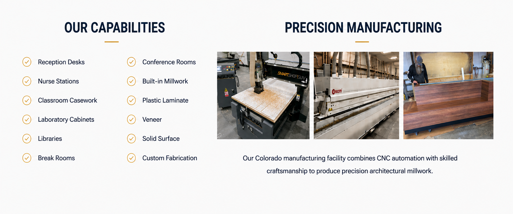 A presentation slide showing company's capabilities and precision manufacturing process. The left side lists services like reception desks, nurse stations, conference rooms, and more. The right side features three images of CNC machinery used in manufacturing, with a brief description about the Colorado manufacturing facility.