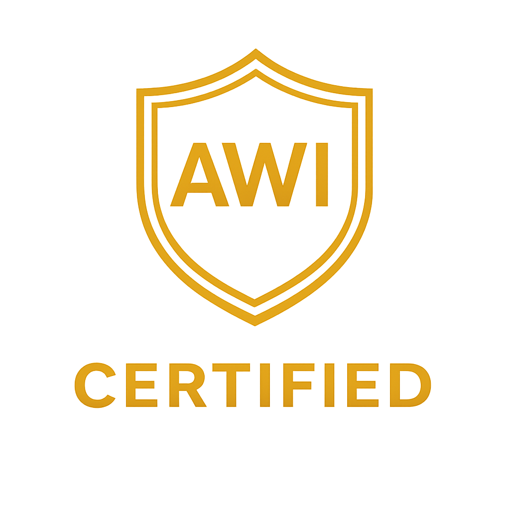 A black background with a gold shield emblem containing the letters 'AWI' in the center. Below the shield, the word 'CERTIFIED' is written in gold letters.