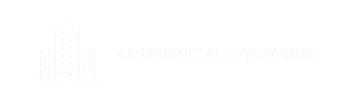 Logo with a white outline of a multi-story building and the text 'Commercial Casework' on a black background.