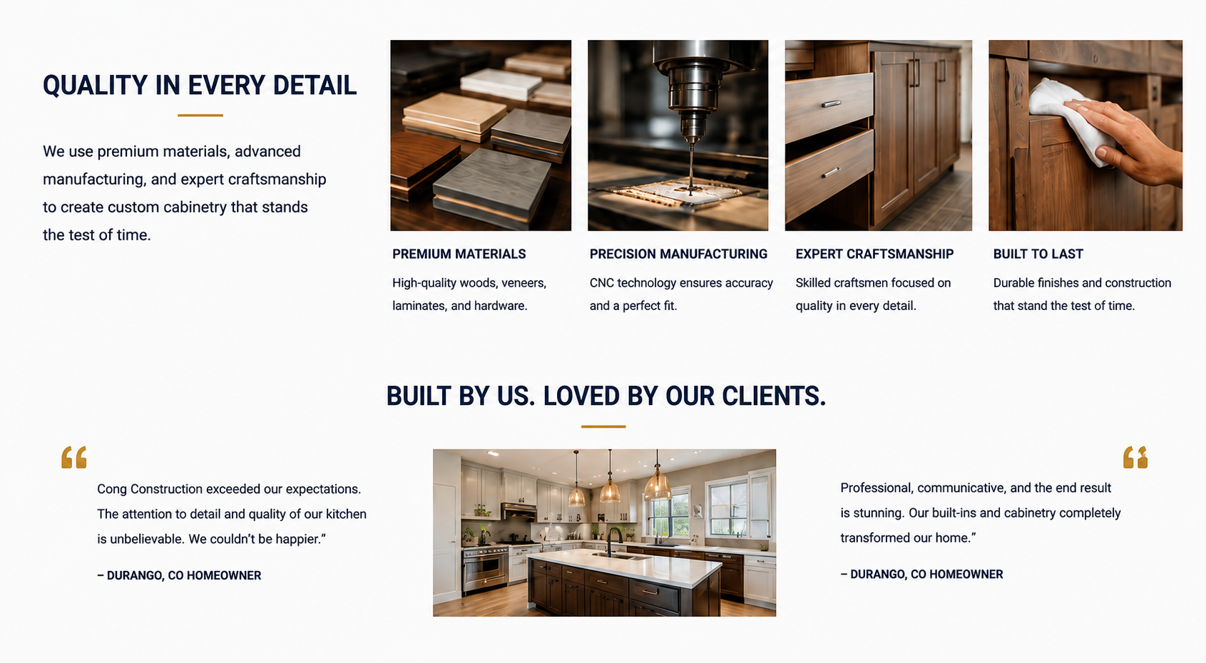 Web page showcasing kitchen cabinetry with images of wood samples, CNC machining, cabinetry, and a kitchen. Text highlights premium materials, precision manufacturing, expert craftsmanship, and durability.