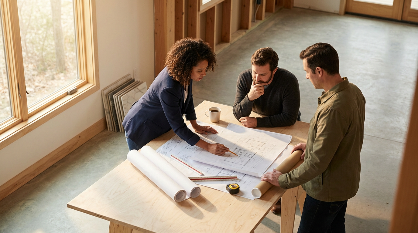 Three people reviewing blueprints or plans on a wooden table inside a house under construction, with tools and coffee mug nearby.