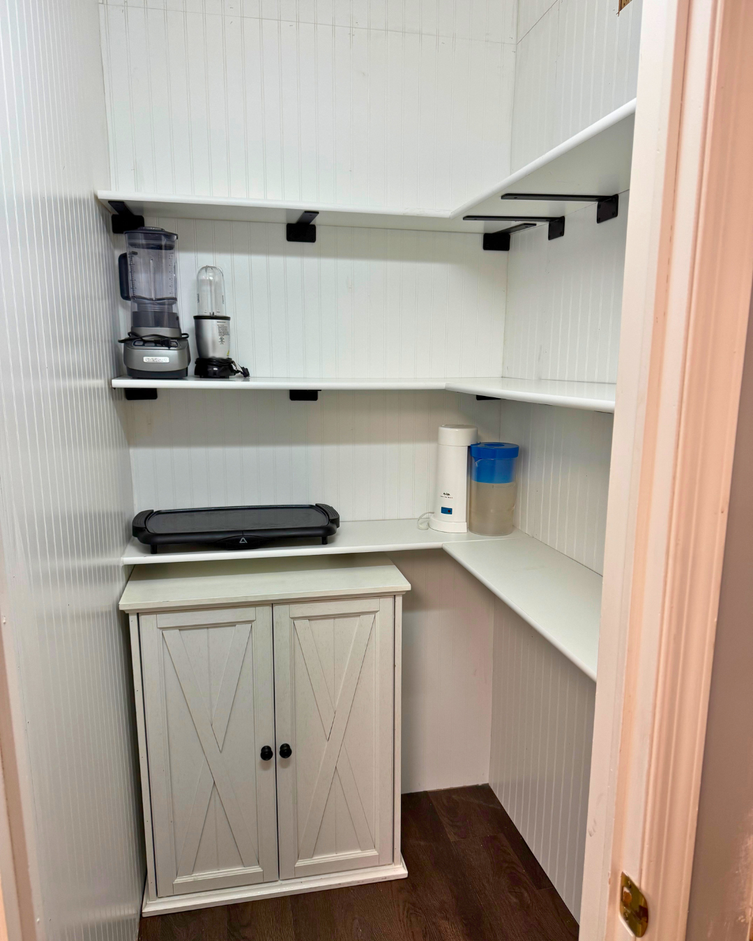 Empty kitchen pantry with shelves, a small cabinet, and appliances including a blender and a water filter pitcher.