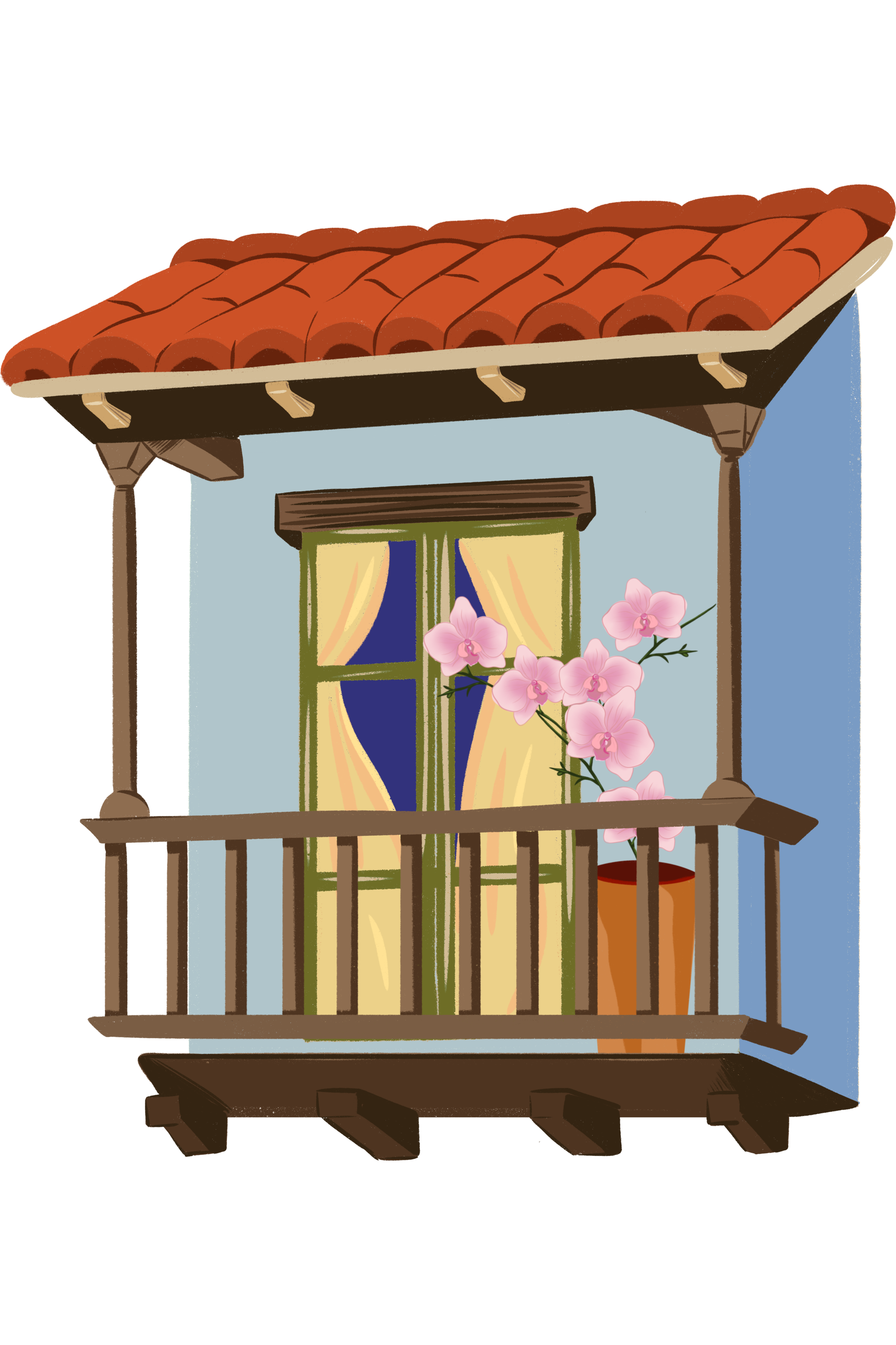 A small outdoor balcony with a wooden railing, a hanging potted orchid plant with pink flowers, and a wooden window with yellow curtains.