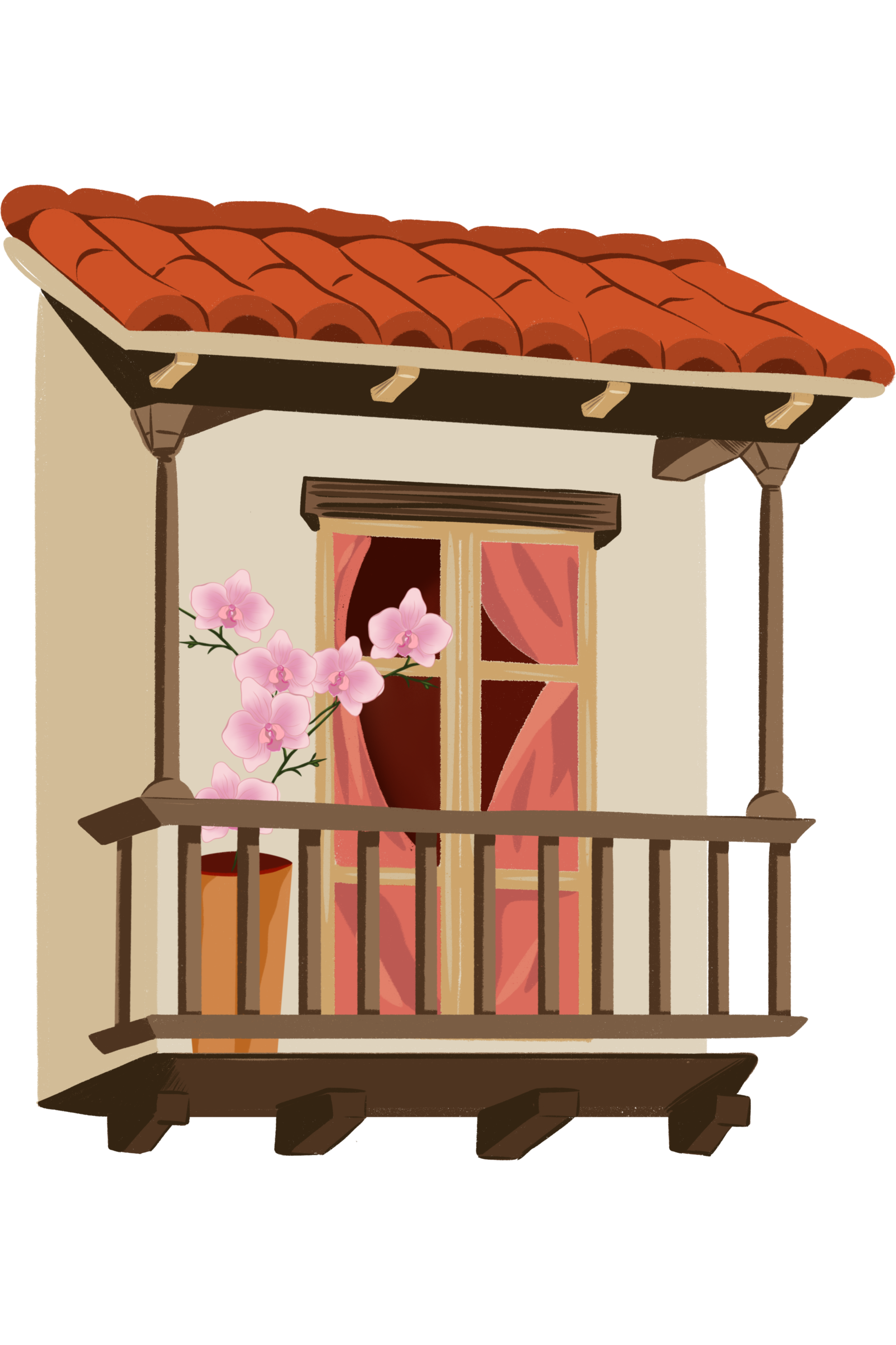 A small balcony with pink orchids in a pot next to a door with pink curtains, belonging to a house with a tiled roof.