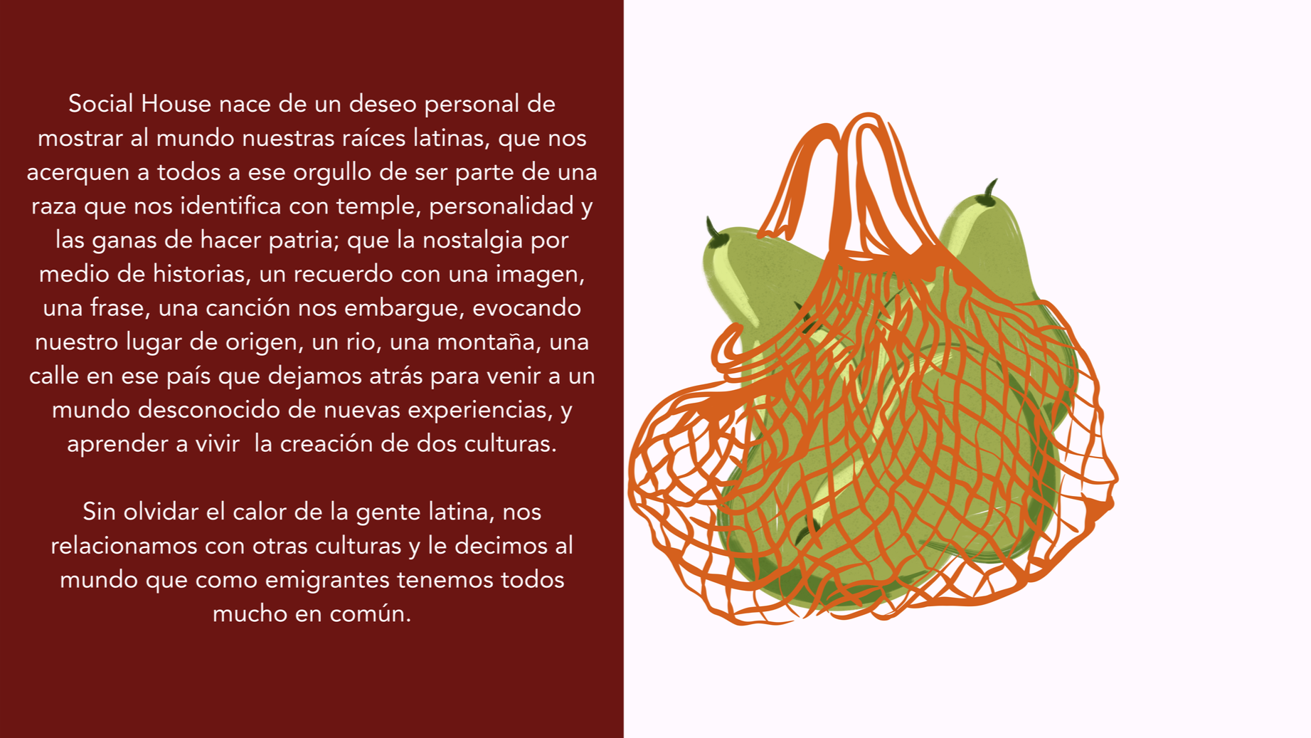 A graphic illustration of a green pear wrapped in an orange mesh bag, with a background of a maroon paragraph of Spanish text on the left.