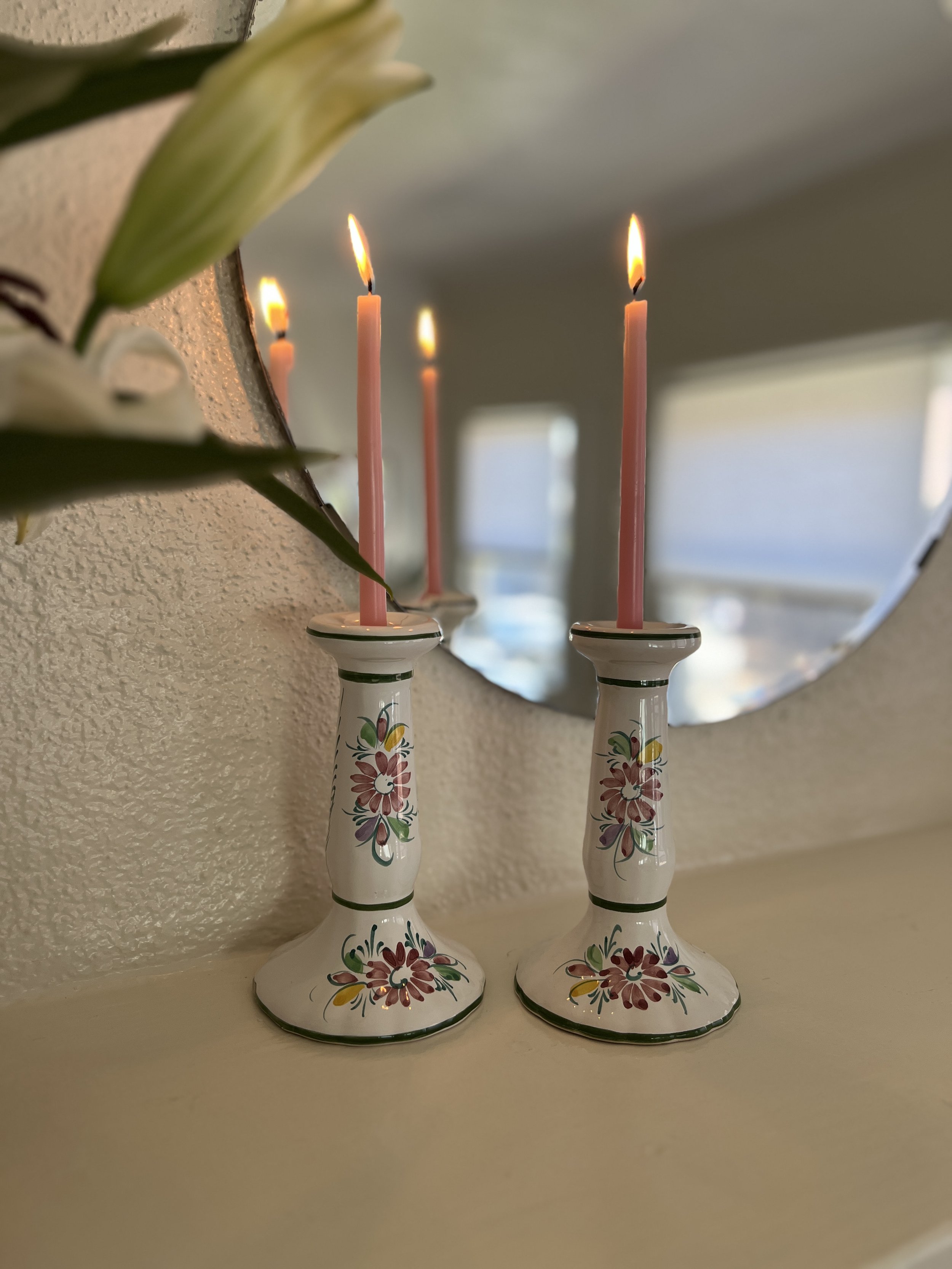 Hand-painted pair of ceramic candlesticks from Portugal